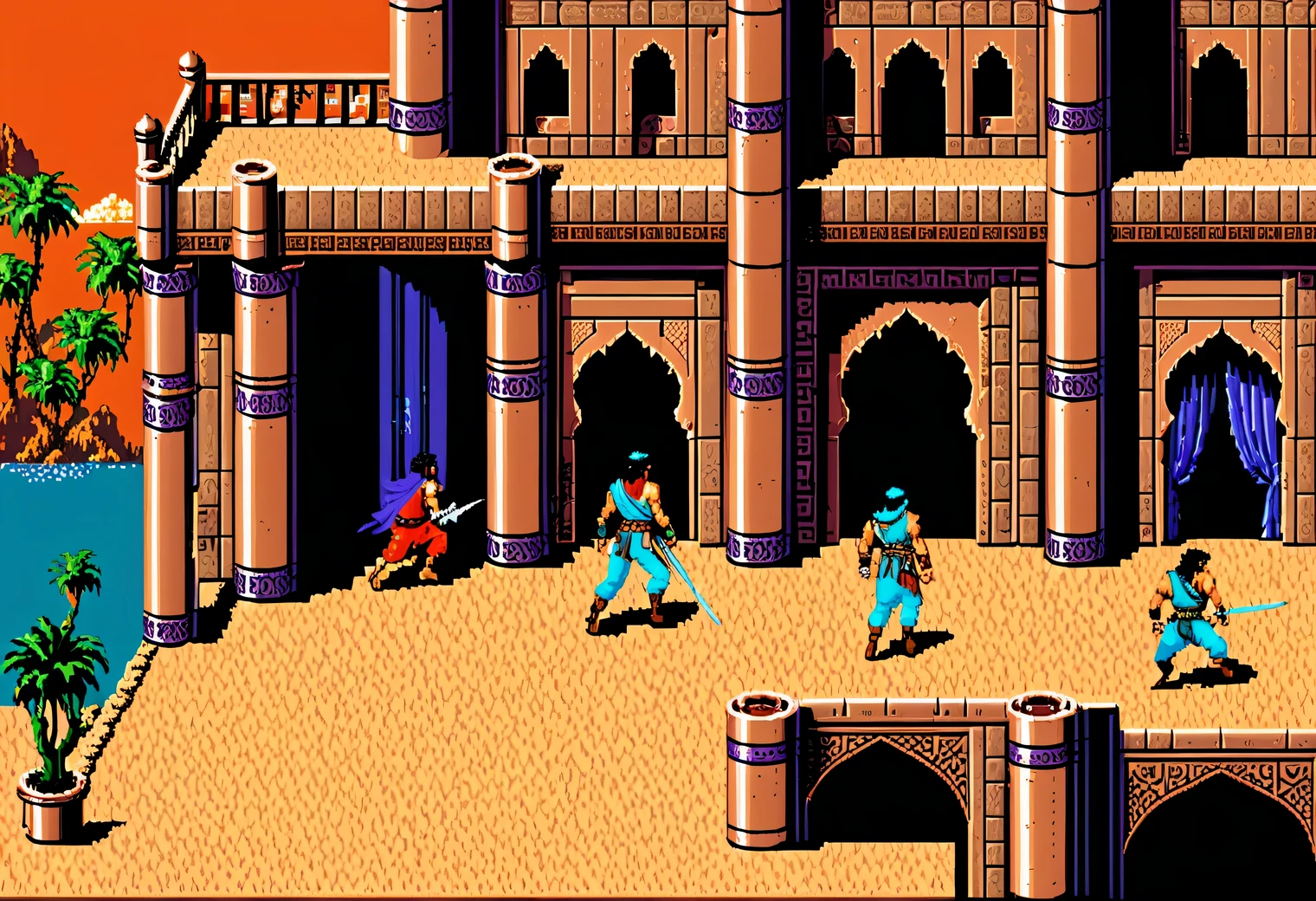 game scene from the retro game Prince of Persia, 8 bits, 8-bit color palette, Nintendo Entertainment System, retro textures, original gameplay, full compliance with the original Prince of Persia game