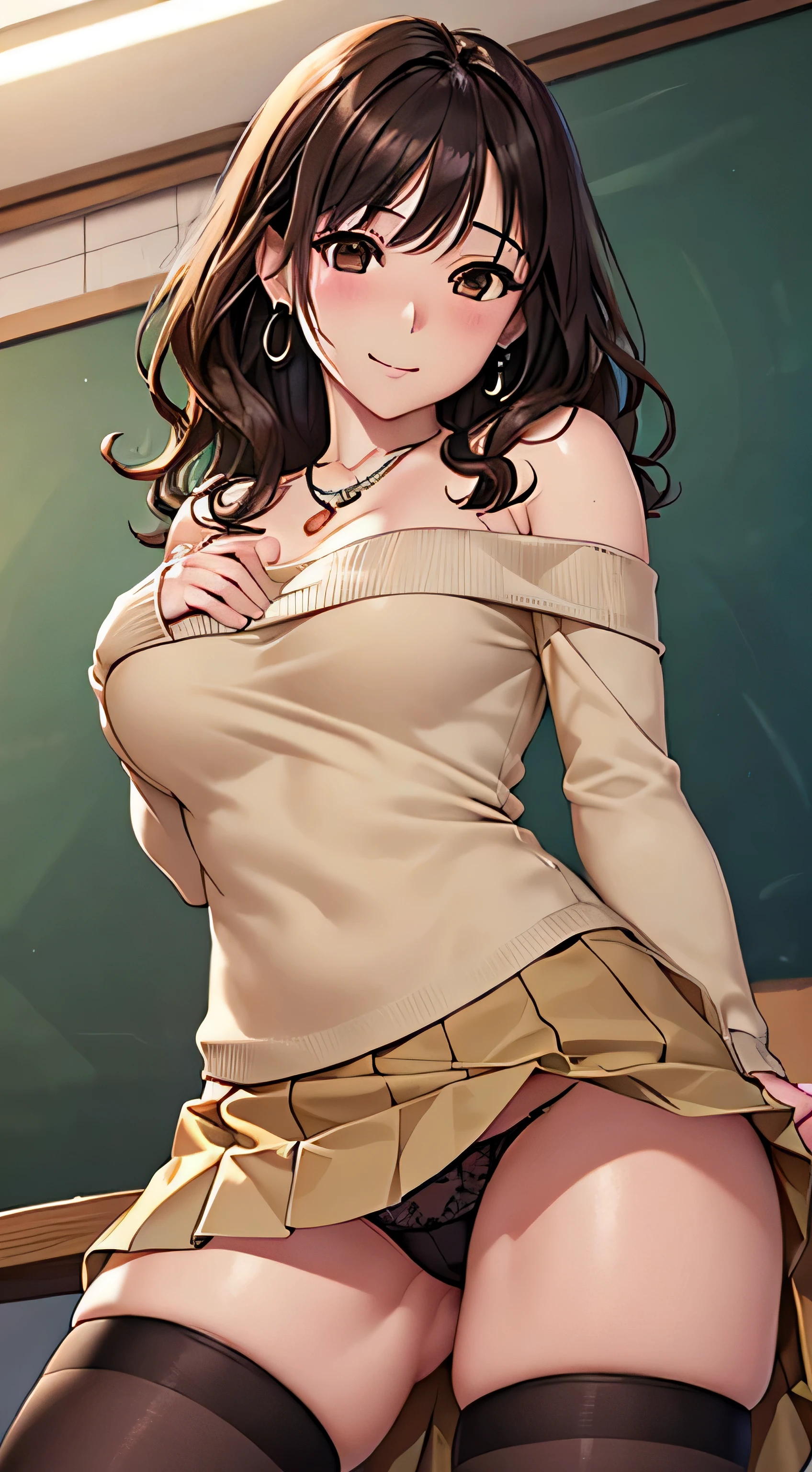 (table top, highest quality, High resolution, , perfect pixel, 4k,), 1 girl, single, alone, Beautiful woman、I could see the whole body、 ((wavy middle hair, bangs, brown hair)), ((brown eyes, beautiful eyelashes, realistic eyes)), ((detailed face, blush:1.2)), ((smooth texture:0.75, realistic texture:0.65, realistic:1.1, Anime CG style)), medium breasts, dynamic angle, perfect body, ((, female teacher, , earrings、necklace、beige off shoulder sweater、long pleated skirt、black knee high stockings、pink lace panties、shy smile、Lift up your skirt and show your panties)), upper grade、、、evening、、Bring your arms together to emphasize your chest、hold the necklace between your chest、(、()、angle from below)、