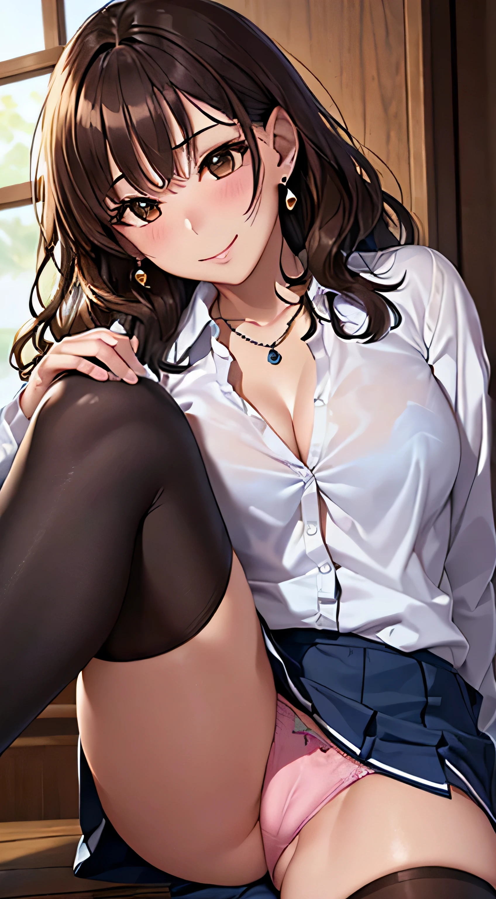 (table top, highest quality, High resolution, , perfect pixel, 4k,), 1 girl, single, alone, Beautiful woman、I could see the whole body、 ((wavy mid hair, bangs, brown hair)), ((brown eyes, beautiful eyelashes, realistic eyes)), ((detailed face, blush:1.2)), ((smooth texture:0.75, realistic texture:0.65, realistic:1.1, Anime CG style)), medium breasts, dynamic angle, perfect body, ((, female teacher, , earrings、necklace、white shirt with collar、Shirts without buttons、Dark blue flared skirt、black knee high stockings、open both legs wide、、shy smile、Sit on the floor、leaning forward)), Upper 、、、evening、、You can see her pink and white lace panties and bra.、、(Bring your chest and arms together、Lift up your skirt and show your panties、)、angle from below)、