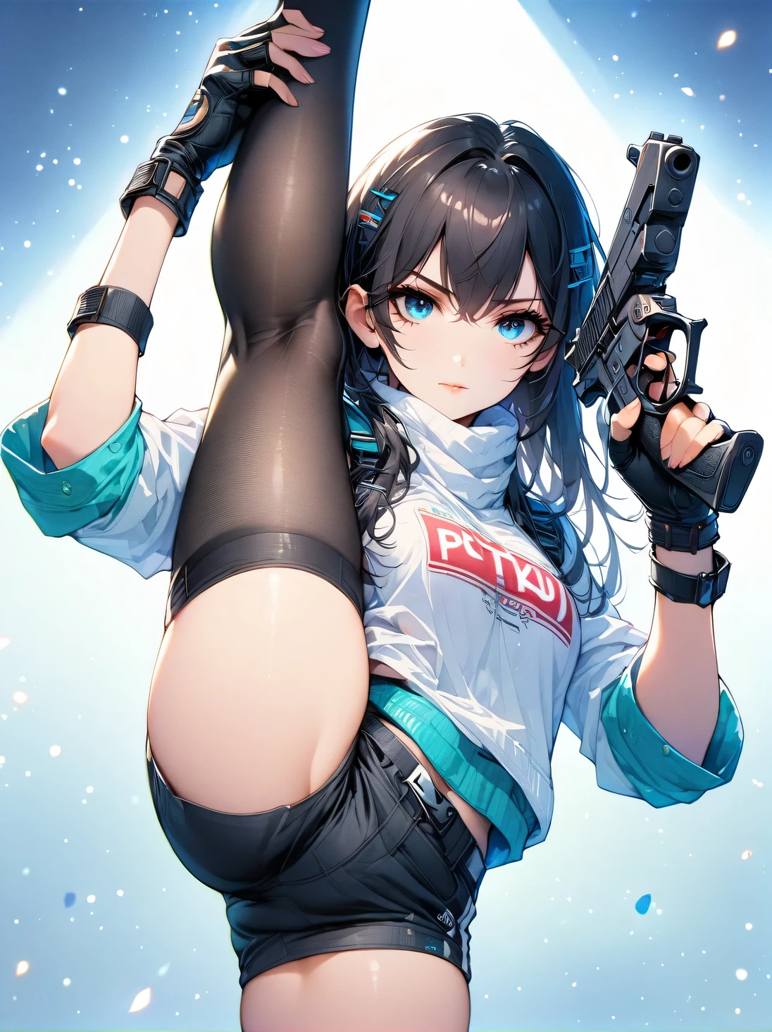 (best quality:1.2), 1 girl, standing_split, long black hair, white turtleneck sweater, sports Shorts, pantyhose, Beautiful and delicate eyes, Beautiful and delicate lips, Extremely detailed eyes and face, long eyelashes, bright colors, professional, Super detailed, actual, studio lighting, Physically based rendering，Holding a gun with one hand，Aim at you，anatomically correct, ccurate