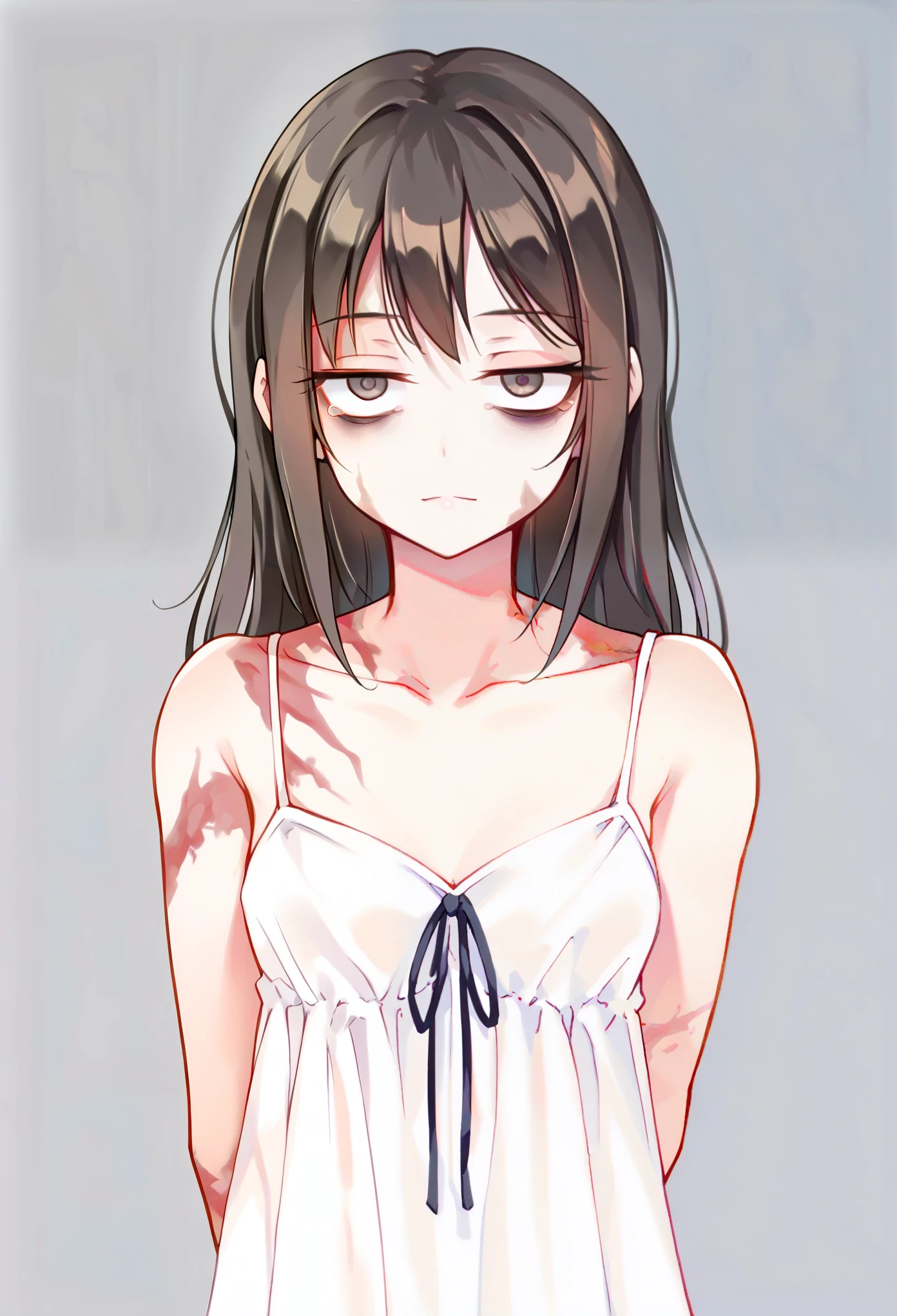 (masterpiece, best quality, absurdres), source_anime, (score_9, score_8_up, score_7_up, score_6_up, score_5_up, score_4_up), 1girl, solo, small breasts, black hair, long hair, messy straight hair, dark gray eyes, (scars, burn scars:1.2), neutral, bags under eyes, head tilt, chemise, white chemise dress, standing, arms behind back, upper body, gray background, simple background, soft