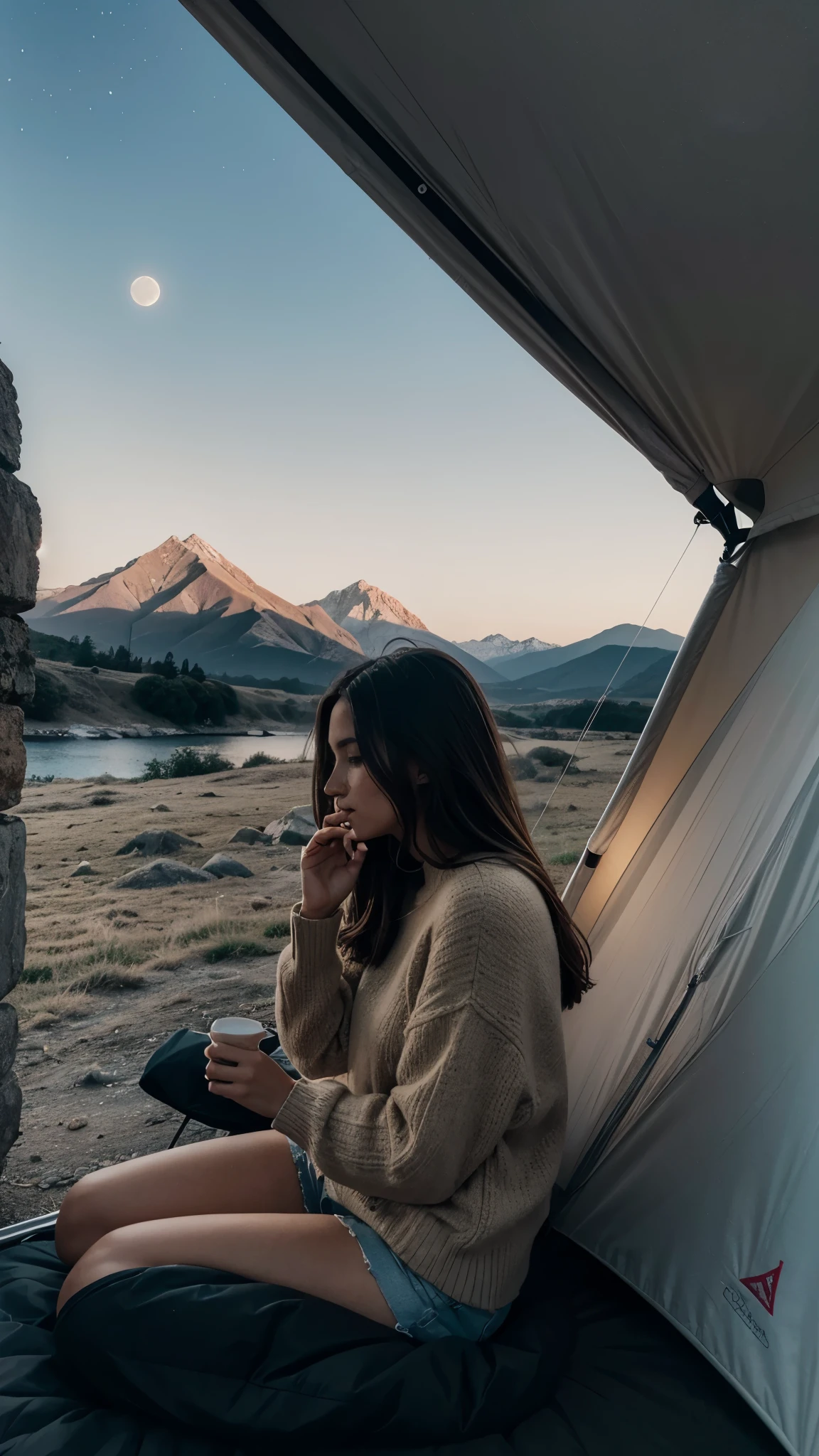 1 mujer, Americano, Hermoso, ((Autofoto de la parte superior del cuerpo, feliz)), Filming in a tent, Hermosa luz de fondo, Tent open sign,obra maestra, Mejor calidad, ultra detallado, Solo, exteriores, (la noche), mountains, naturaleza, (Estrella, la luna) alegre, feliz,, Comfortable in a sleeping bag, dentro de la tienda, Cuando abres la tienda, Puedes ver algunos buenos jinetes afuera..., maderas, formaciones rocosas, rivers, madera, fumar, vago, contrast, Cielos despejados, analog style (mirando al espectador:1.2) (Textura de la piel) (film grain:1.3), (warm tone, warm tone:1.2), de cerca, cinematic light, side lighting, Las ultraaltas, Mejores sombras, ..CRUDO, mitad superior del cuerpo, vistiendo jersey, Relaxed and intimate photos., morena, senos de talla DD, Pullover sweater