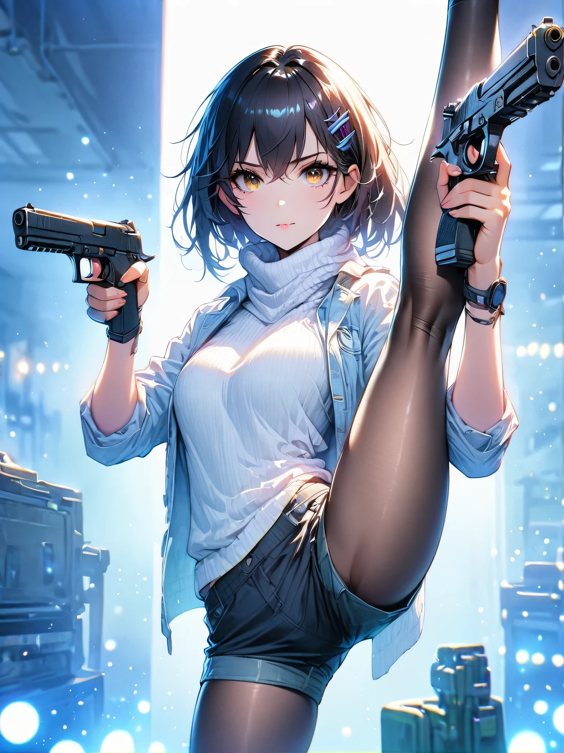 (best quality:1.2), 1 girl, standing_split, long black hair, white turtleneck sweater, sports Shorts, pantyhose, Beautiful and delicate eyes, Beautiful and delicate lips, Extremely detailed eyes and face, long eyelashes, bright colors, professional, Super detailed, actual, studio lighting, Physically based rendering，holding gun with both hands，Aim at you