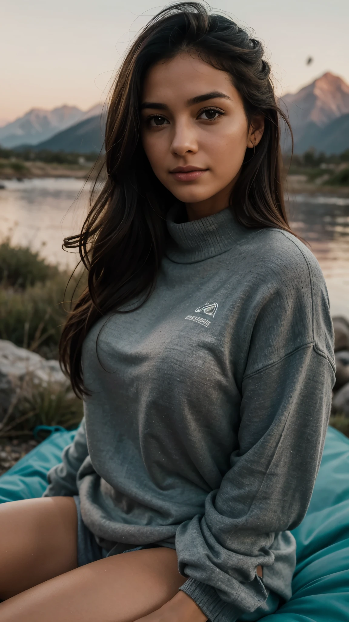 1 mujer, Americano, Hermoso, ((Autofoto de la parte superior del cuerpo, feliz)), Filming in a tent, Hermosa luz de fondo, Tent open sign,obra maestra, Mejor calidad, ultra detallado, Solo, exteriores, (la noche), mountains, naturaleza, (Estrella, la luna) alegre, feliz,, Comfortable in a sleeping bag, dentro de la tienda, Cuando abres la tienda, Puedes ver algunos buenos jinetes afuera..., maderas, formaciones rocosas, rivers, madera, fumar, vago, contrast, Cielos despejados, analog style (mirando al espectador:1.2) (Textura de la piel) (film grain:1.3), (warm tone, warm tone:1.2), de cerca, cinematic light, side lighting, Las ultraaltas, Mejores sombras, ..CRUDO, mitad superior del cuerpo, vistiendo jersey, Relaxed and intimate photos., morena, senos de talla DD, Pullover sweater