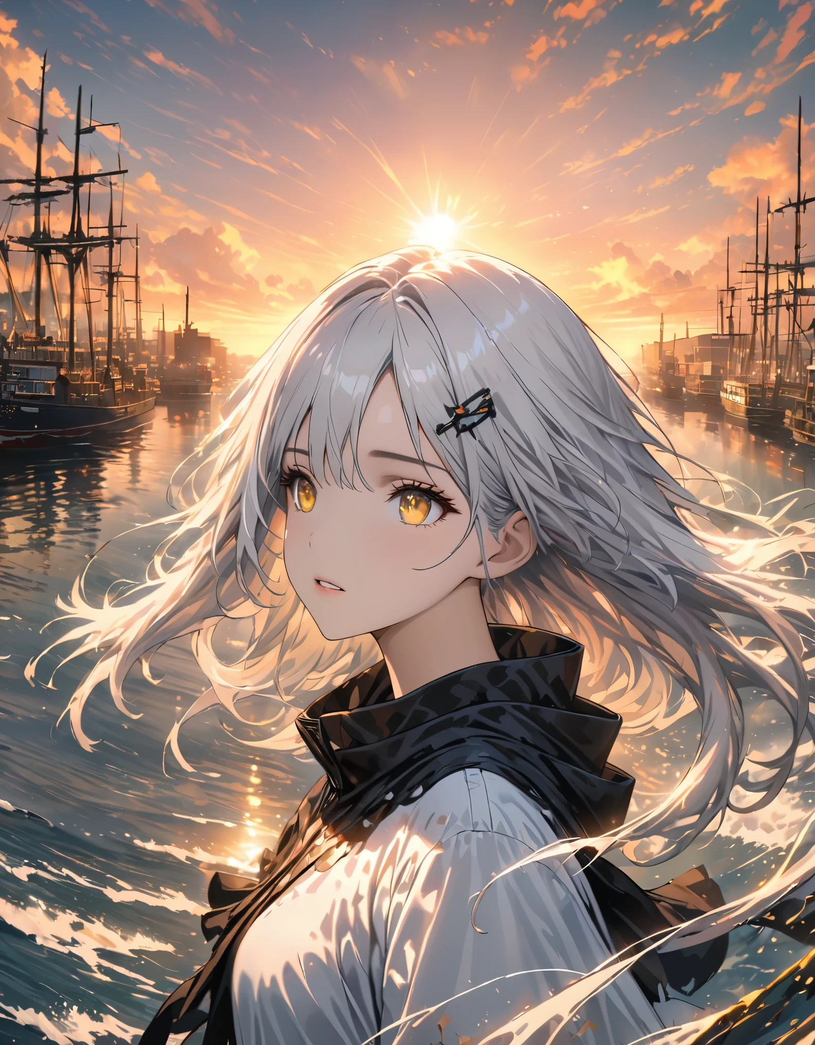 medium shot, medium shot, depth of field, broken to pieces, Upper body, movie angle, masterpiece, best quality, super detailed, CG, 8k wallpaper, pretty face, exquisite eyes, a girl, alone, long white hair, yellow eyes, hairpin, White shirt, black色连帽夹克, black色棒球帽, black, black色过膝靴, Sunset, 中世纪port, port, Detailed water surface, sun reflection