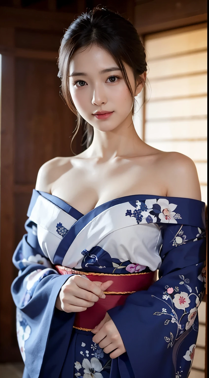 face  :9,41434626], bewitching beautiful mature woman、40 years、height　154cm、well-proportioned body shape、hourglass figure、Japan in a yukata、Yukata at Japan Ryokan、show your shoulders、clavicle、japanese model、japanese sexy women, gorgeous japanese women, japanese goddess, laughter、Raw photo, (In 8K、highest quality、masterpiece:1.2)、(intricate details:1.4)、(Photoreal:1.4)、octane rendering、Ultra-detailed complex 3D renderings, studio light, rim light, vivid details, super detail, realistic skin texture, Surface details, Beautiful eyes in every detail, Highly detailed CG Unity 16k wallpaper, compensate, (detailed background:1.2),　shiny skin、