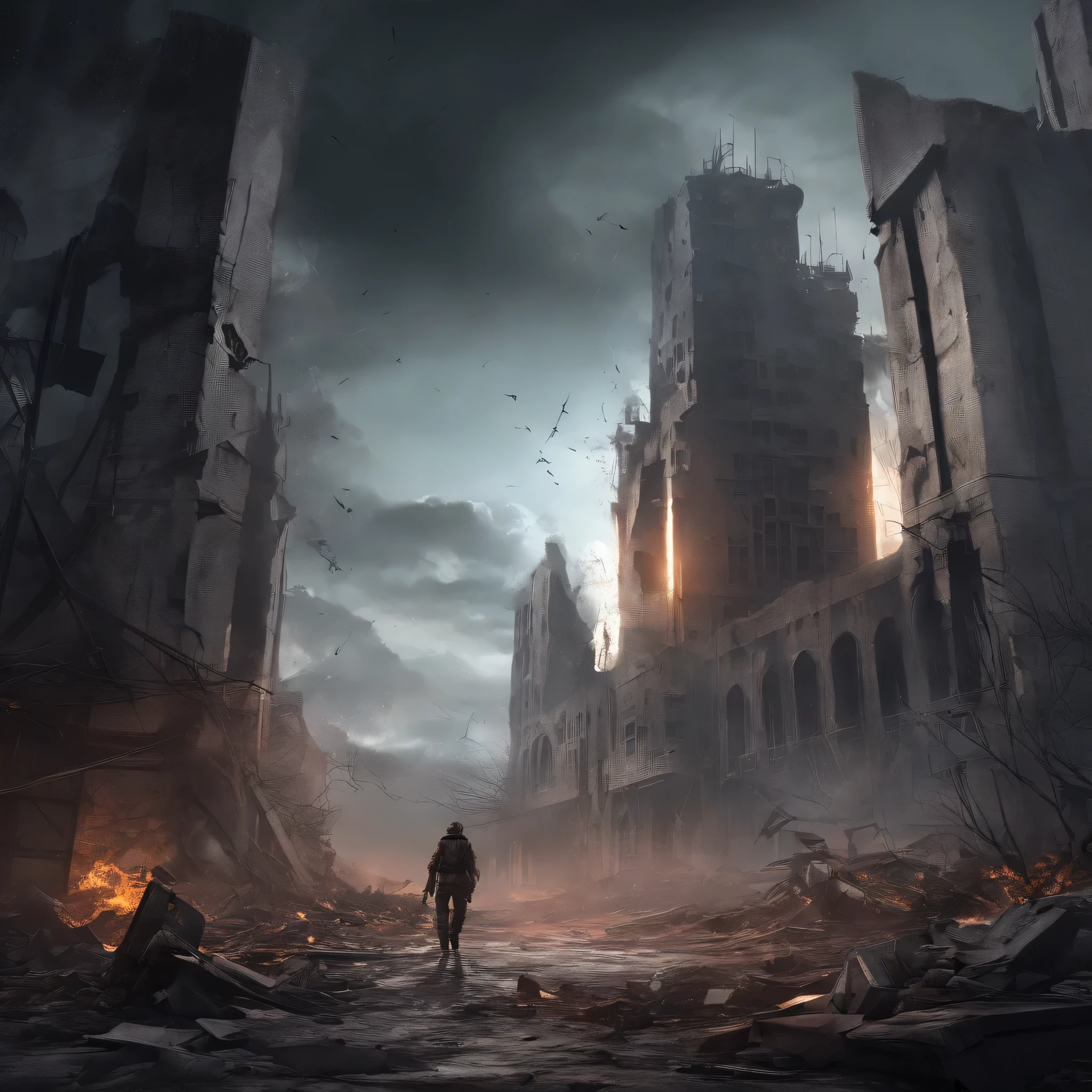 castle in flames, a devastated world, people running, abandoned car, destroyed buildings, ruins, Thick smoke, glowing embers, chaotic landscape, InFraestrutura in ruins, doomsday scenario, Streets covered in volcanic ash, The sky is full of debris, Strong flames, ruined tower, Statues in ruins, panicked, dark clouds, distant siren, Broken windows, bridge collapse, Twist metal, Isolated survivors, desolate, despair, Post-apocalyptic chaos, eerie silence, unforgettable atmosphere, Intermittent street lights, Burnt remains, broken road, sidewalk destroyed;, relics of civilization, Abandoned items, Damage to urban landscape, A piece of scorched earth, past ruins, Flashing shadows, toxic air, lingering echoes.
(best quality, High resolution), post apocalyptic art, Dark and surreal, dystopian world, dramatic lighting, bright colors, but desolate, movie scene, Atmospheric original work.