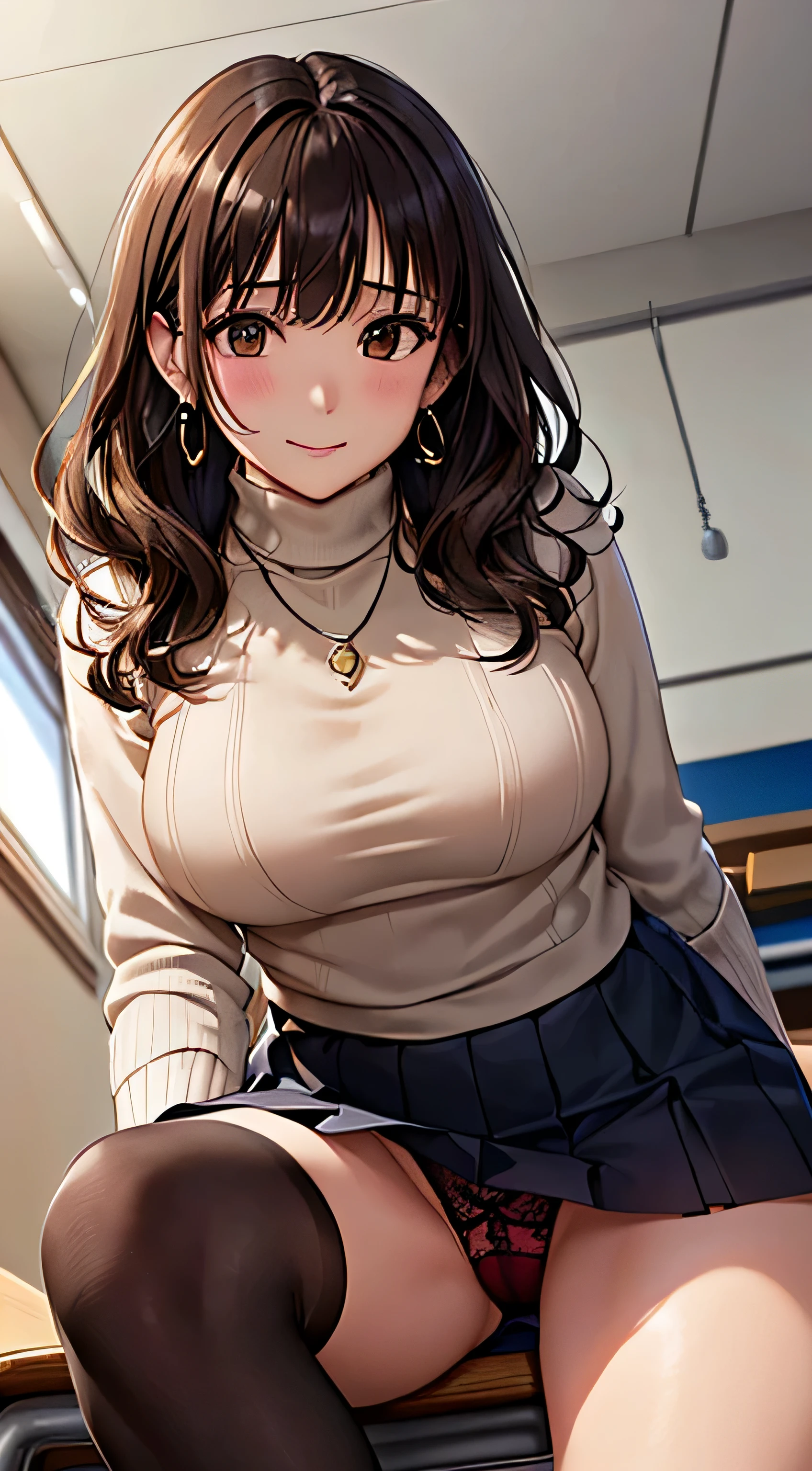 (table top, highest quality, High resolution, , perfect pixel, 4k,), 1 girl, single, alone, Beautiful woman、I could see the whole body、 ((wavy mid-length hair, bangs, brown hair)), ((brown eyes, beautiful eyelashes, realistic eyes)), ((detailed face, blush:1.2)), ((smooth texture:0.75, realistic texture:0.65, realistic:1.1, Anime CG style)), medium breasts, dynamic angle, perfect body, ((, female teacher, , earrings、necklace、turtleneck sweater、、black knee high stockings、pleated skirt、((open both legs wide))、、shy smile、sit at the podium in the classroom、emphasize the chest)), Upper grade、、、evening、、(You can see the red and black lace panties、、(、)、angle from below)、