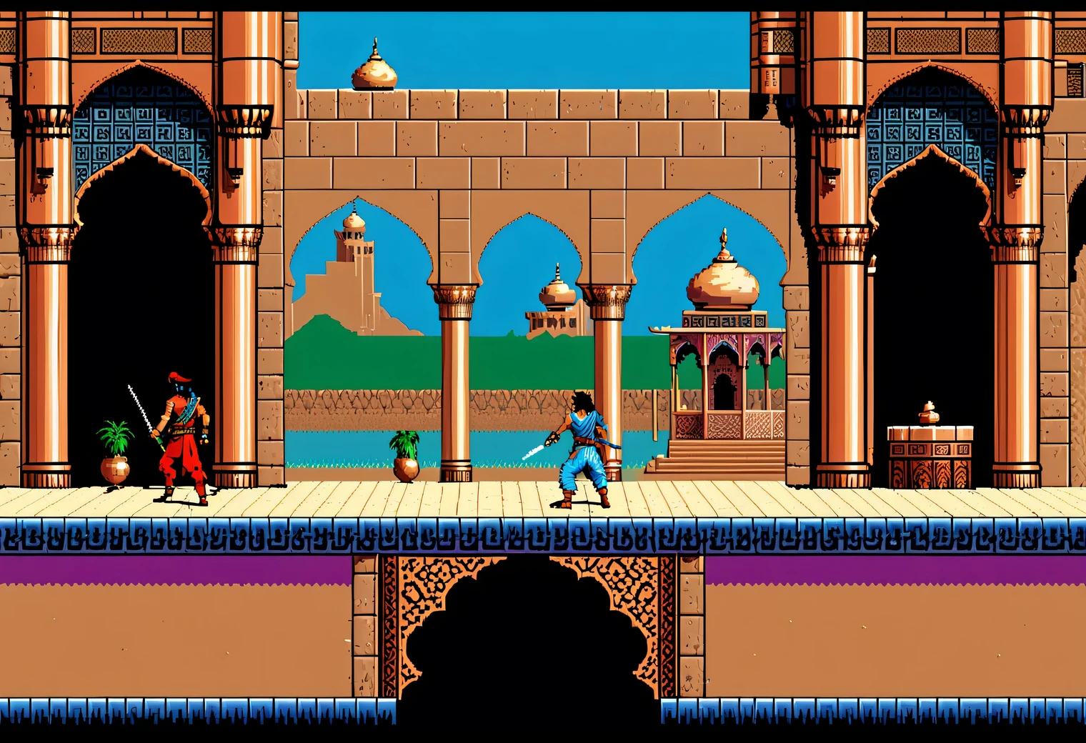 game scene from the retro game Prince of Persia, 8 bits, 8-bit color palette, Nintendo Entertainment System, retro textures, original gameplay, full compliance with the original Prince of Persia game, 2D