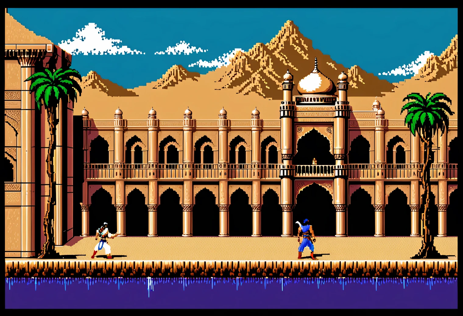 game scene from the retro game Prince of Persia, 8 bits, 8-bit color palette, Nintendo Entertainment System, retro textures, original gameplay, full compliance with the original Prince of Persia game, 2D