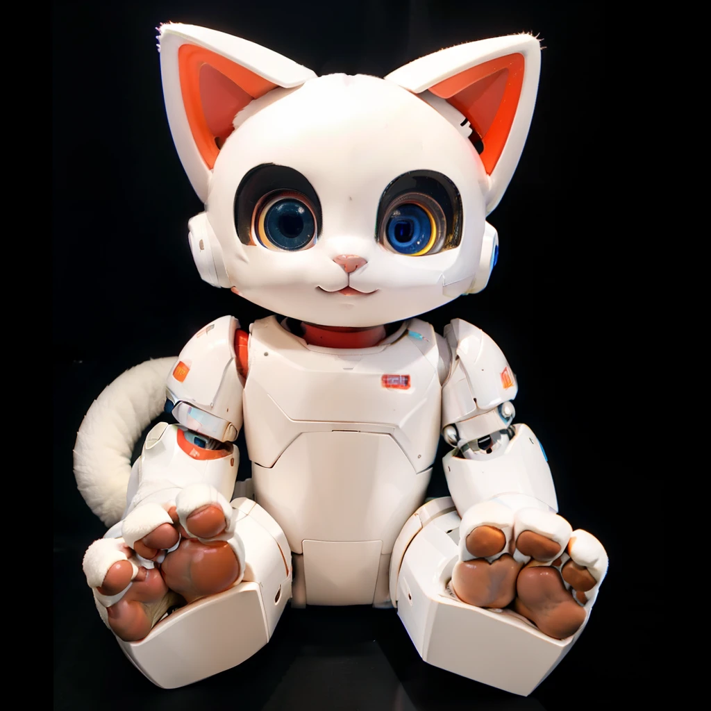 A beautiful ( body) of a Mexican cat robot who is half human half robot on his face and showing his adorable cute feet!.