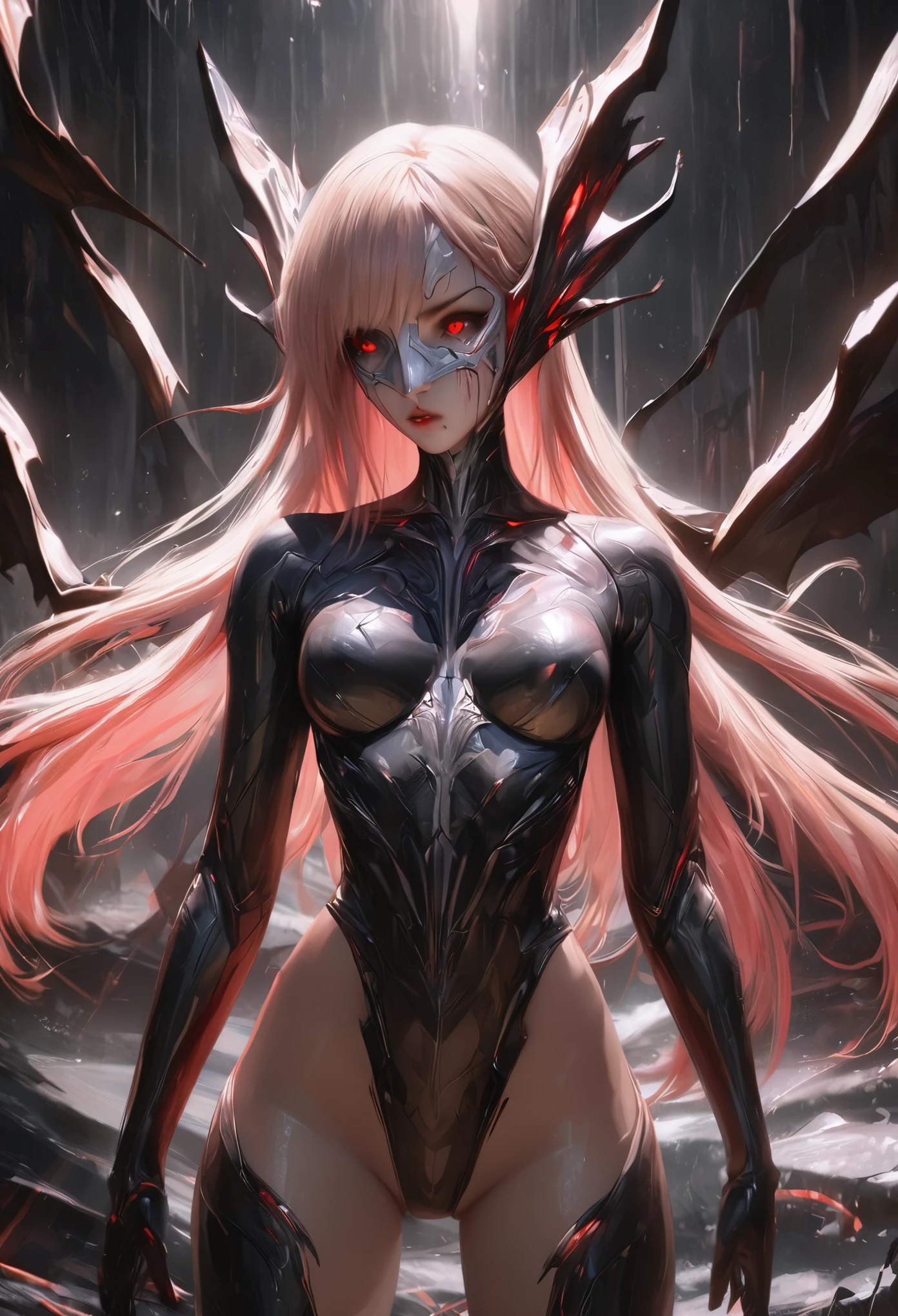 black,chiaroscuro, Ray tracing, movie lighting, cowboy shooting, 8K, Yes, Super details, precise, best quality, Award-winning, Award-winning, A High resolution, masterpiece, high detail,guweiz on artstation pixiv, Popular topics on artstation pixiv, 详细的number概念艺术, author:Yang Jie, 2. 5D CGI anime fantasy artwork,ultra high definition,8K ,Realistic skin texture,chiaroscuro, Ray tracing, movie lighting, 8K, Yes, Super details, precise, best quality, Award-winning, Award-winning, A High resolution, masterpiece, high detail,in the snow,Clear,masterpiece, best quality, 8K, number, 1 girl, alone, stand up, hair accessories, Red eyes, Heartless expression, Bloodstained mechanical parts, electric wire, cable, failure effect, scary, Science fiction, futuristic, The background is darker inside, neon lights, cyberpunk characters, surreal, Strange, Disturbing, spine-chilling, scary, western metal,Red eyes,发black,black色長手套,Rompers,leggings,Highlight her graceful figure,将整个身体包裹stand up,symbiont,((Raised sexy)),One-piece Pants,Red eyes,Venom Possession,发black,black色長手套,Rompers,black色一件,Blood-red eyes,best quality, High resolution, super detailed, Vivid texture, mask, Bangs,wear socks,tears,被black色粘液覆盖