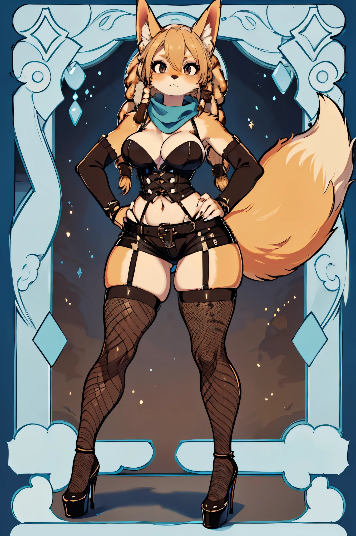 (masterpiece), 8k, dynamic lighting, expressive eyes, perfect face, fox girl, voluptuous, (brown blonde and dreadlocks:1.4), (gaunt body), fox tail, pout face,
BREAK, 
sheer mesh bodysuit adorned with intricate tribal-inspired patterns, hugs the curves like a second skin, High-waist shorts, shredded and frayed, offer a daring peek at toned thighs, Tattered scarf worn as a makeshift belt, fishnets thigh-highs, high heels, laced with leather straps, complete the ensemble with a rugged elegance, hands on hips, 