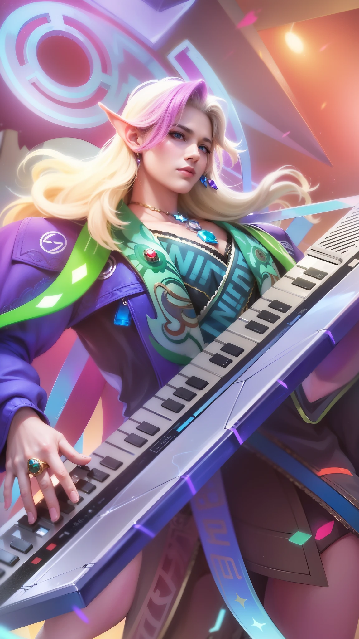 masculine male, masterpiece, ((perfect eyes)) best quality, (semirealism:1.9), beautiful lighting, (extremely detailed CG unity 4k fhd wallpaper), High Detail, Sharp focus, dramatic outdoors, 1 male, white hair, light blue eyes, a close up of a male playing a keyboard on a stage, sakimichan frank franzzeta, rossdraws cartoon vibrant, portrait knights of zodiac girl, extremely detailed artgerm, background artwork, rossdraws and jazza, keyboardist, seraphine ahri kda, style artgerm, portrait of kim petras, elf ear