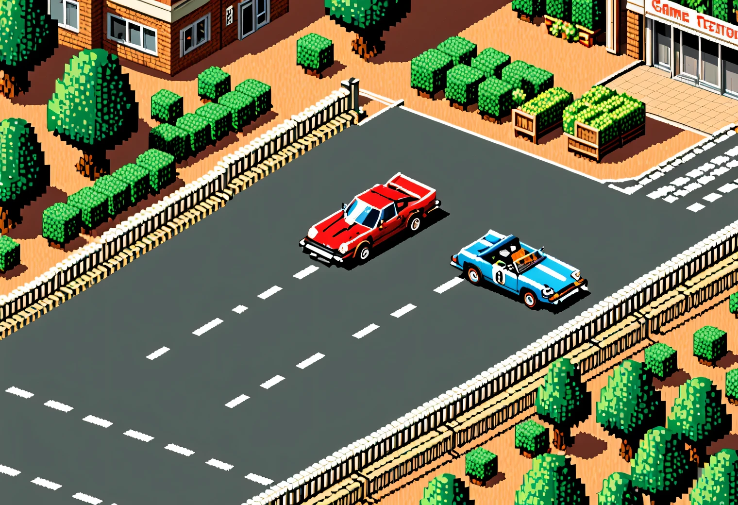 a game scene from a retro car racing game., 8 bit, 8 bit color palette, Nintendo Entertainment System, retro textures, original gameplay, 3D, high detail, clear game textures, clear image of details, game cars are shown in detail, complex elaboration of elements, a fictional world