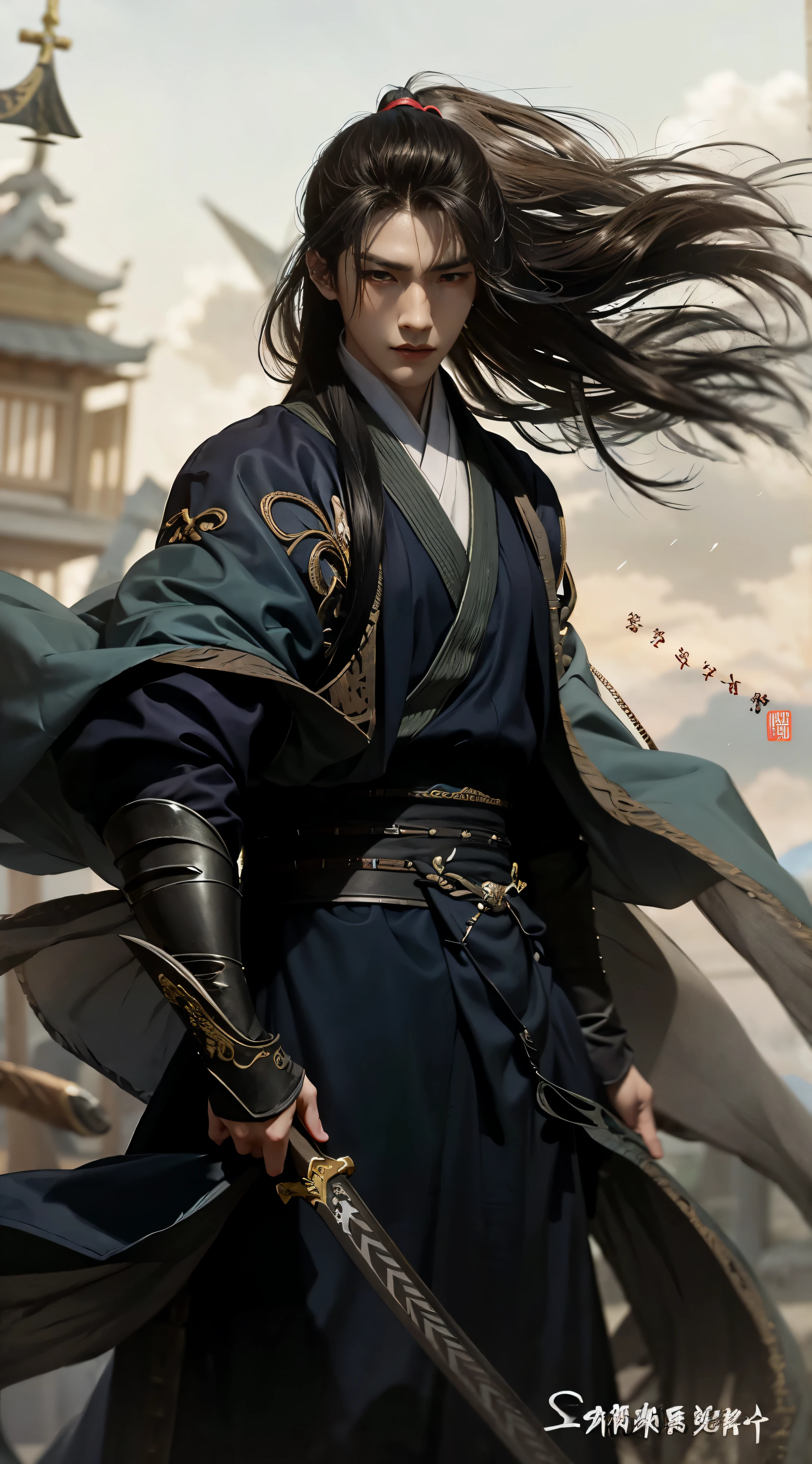dark haired man,Splashed Ink Bamboo,sharp and energetic,Bamboo is sharp and straight,young emperor,Ambition and conspiracy are vividly displayed,a warrior,long white hair,hanfu,robe,sword,Handsome face shape,Fierce and,Eyes full of murderous intent,Zhou Zheng is very handsome,High,Kill decisively,