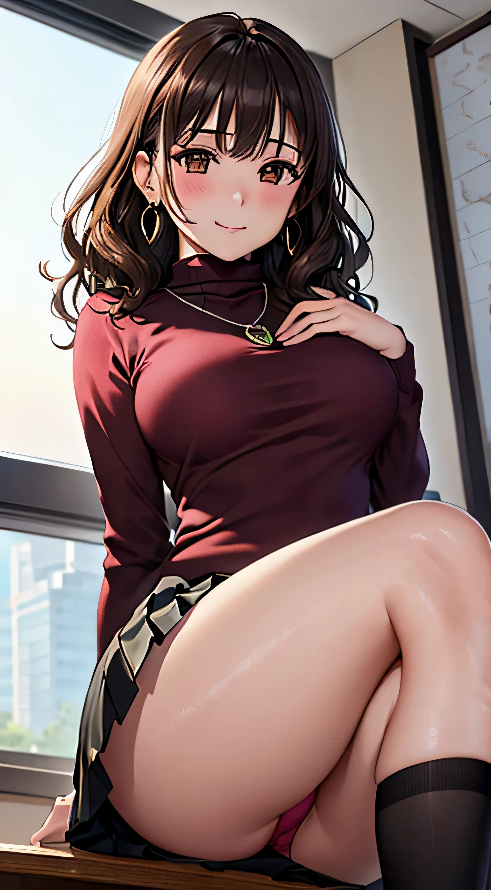(table top, highest quality, High resolution, , perfect pixel, 4k,), 1 girl, single, alone, Beautiful woman、I could see the whole body、 ((wavy mid-length hair, bangs, brown hair)), ((brown eyes, beautiful eyelashes, realistic eyes)), ((detailed face, blush:1.2)), ((smooth texture:0.75, realistic texture:0.65, realistic:1.1, Anime CG style)), medium breasts, dynamic angle, perfect body, ((, female teacher, , earrings、necklace、turtleneck sweater、、black knee high stockings、pleated skirt、((open both legs wide))、、shy smile、sit at the podium in the classroom、emphasize the chest、Lift up your skirt and show your panties)), Upper grade、、、evening、、(You can see the red and black lace panties、(、)、angle from below)、