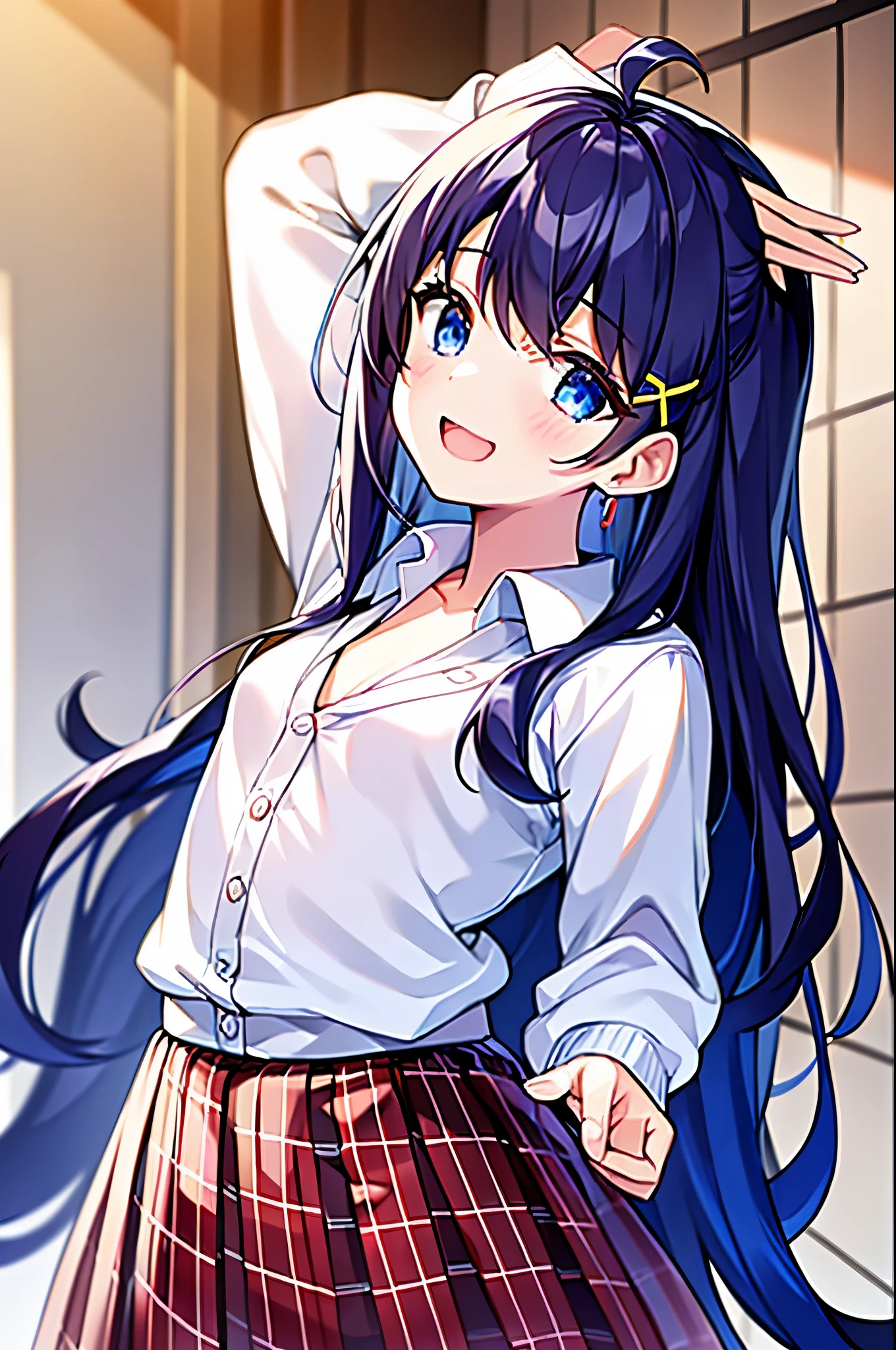 (((masterpiece))), (high quality:1.5), (beautiful:1.5), (((8K))), (High resolution:1.5), (High resolution:1.5), (1 girl:1.3), (child:1.5), (dark blue straight long hair:1.3), (very long dark blue sideburns), (dark blue bangs with very large parting:1.3), (simple hair clip:1.4), (Ahoge:1.4), (small blue eyes:1.2), (slightly droopy eyes:1.3), (Super thick sideburns and super long sideburns:1.1), (Ultra-flat chest:1.4), (extremely small breasts:1.4), laughter, (white cardigan:1.3), (checkered red pleated skirt:1.3), (Park Trails:1.2), (jumping:1.4), (spread your arms:1.4), (from below:1.4), (cowboy shot:1.4)