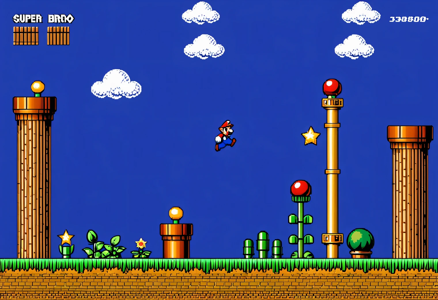 game scene from the retro game Super Mario Bros., 8 bit, 8 bit color palette, Nintendo Entertainment System, retro textures, original gameplay, full compliance with the original Super Mario Bros. game, 2D