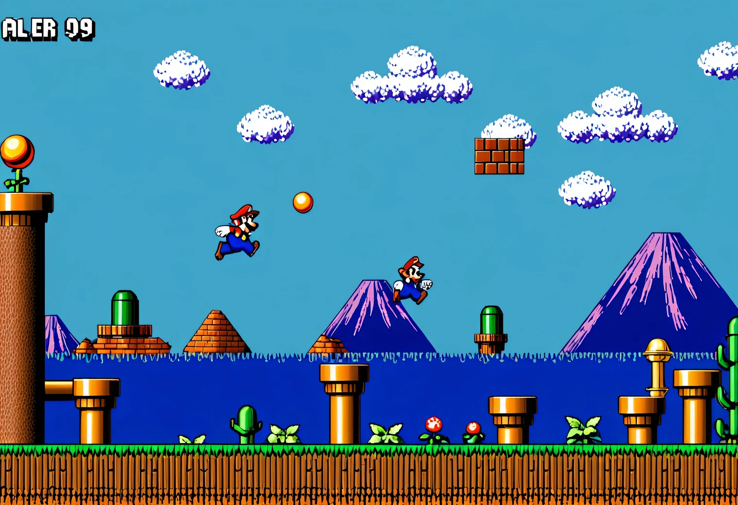 game scene from the retro game Super Mario Bros., 8 bit, 8 bit color palette, Nintendo Entertainment System, retro textures, original gameplay, full compliance with the original Super Mario Bros. game, 2D
