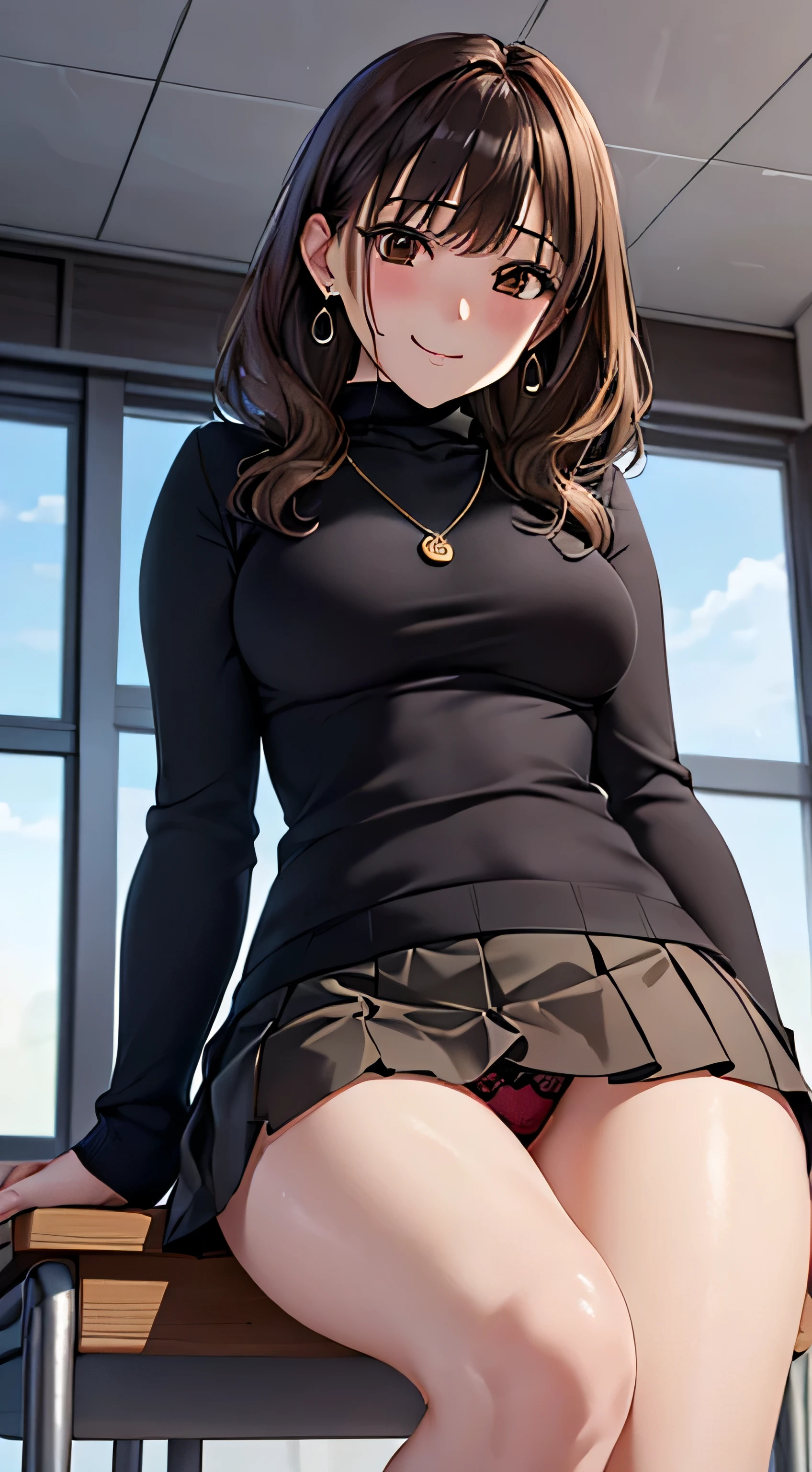 (table top, highest quality, High resolution, , perfect pixel, 4k,), 1 girl, single, alone, Beautiful woman、I could see the whole body、 ((wavy mid-length hair, bangs, brown hair)), ((brown eyes, beautiful eyelashes, realistic eyes)), ((detailed face, blush:1.2)), ((smooth texture:0.75, realistic texture:0.65, realistic:1.1, Anime CG style)), medium breasts, dynamic angle, perfect body, ((, female teacher, , earrings、necklace、turtleneck sweater、、black knee high stockings、pleated skirt、((open both legs wide))、、shy smile、sit at the podium in the classroom、emphasize the chest)), Upper grade、、、evening、、(You can see the red and black lace panties、、(、)、angle from below)、