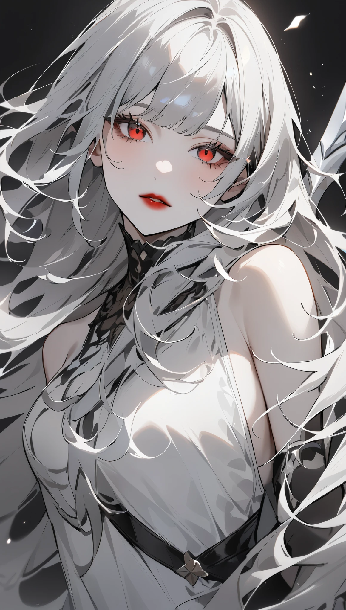 highest quality、masterpiece、1 girl、black background、gray hair:1.5、red eyes、red lips、white clothes、Black and white world、Black and white world、pale skin、side blade