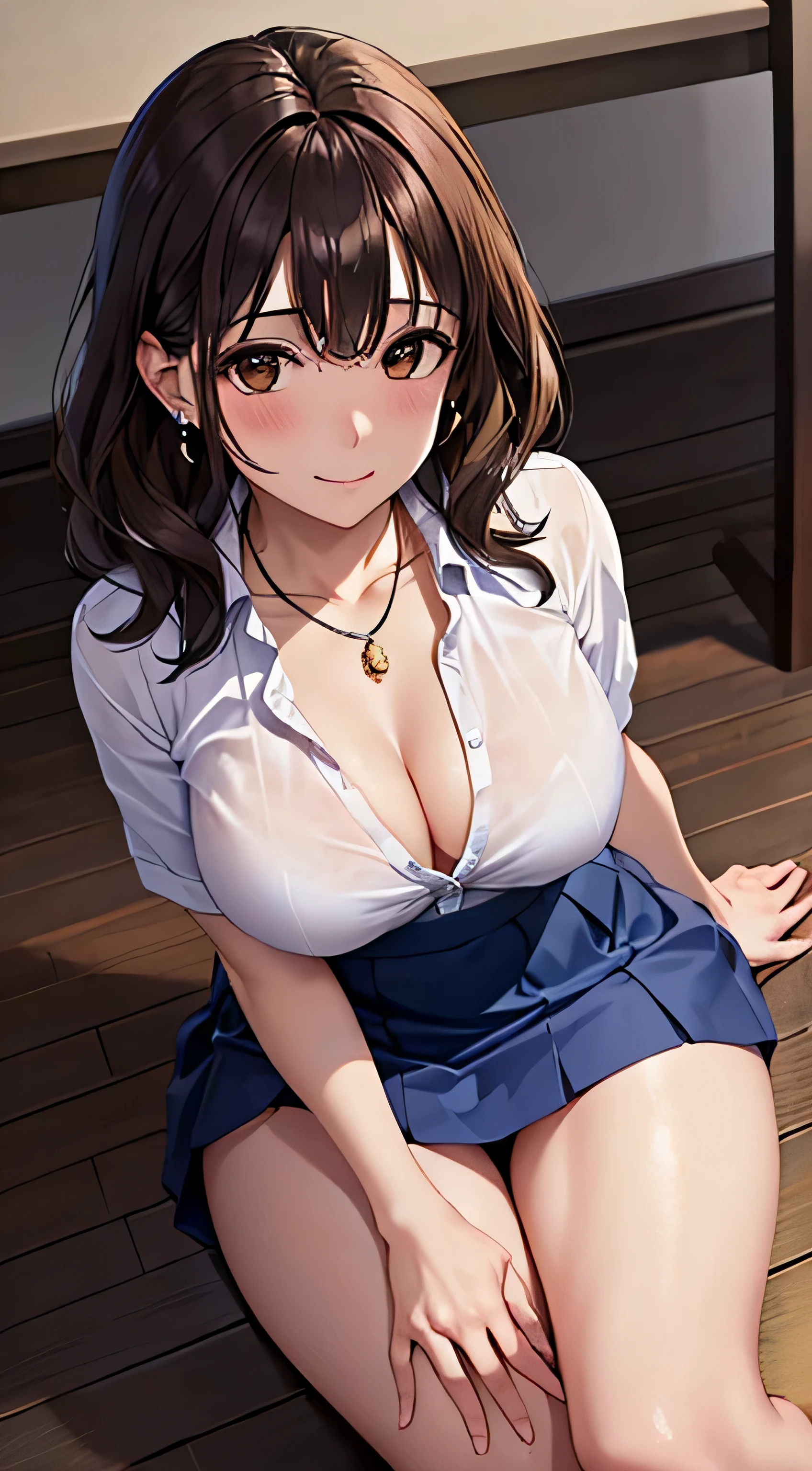 (table top, highest quality, High resolution, , perfect pixel, 4k,), 1 girl, single, alone, Beautiful woman、I could see the whole body、 ((wavy mid hair, bangs, brown hair)), ((brown eyes, beautiful eyelashes, realistic eyes)), ((detailed face, blush:1.2)), ((smooth texture:0.75, realistic texture:0.65, realistic:1.1, Anime CG style)), medium breasts, dynamic angle, perfect body, ((, female teacher, , earrings、necklace、white shirt with collar、Shirts without buttons、Dark blue flared skirt、black knee high stockings、open both legs wide、、shy smile、Sit on the floor、leaning forward)), Upper 、、、evening、、You can see her light blue and white lace panties and bra..、、(Bring your chest and arms together、Lift up your skirt and show your panties、The wind blows up my skirt)、angle from below)、