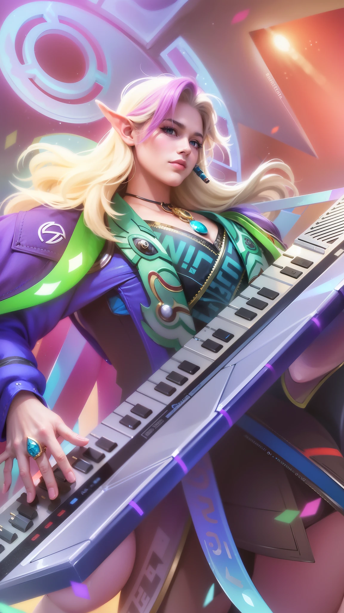 masculine male, masterpiece, ((perfect eyes)) best quality, (semirealism:1.9), beautiful lighting, (extremely detailed CG unity 4k fhd wallpaper), High Detail, Sharp focus, dramatic outdoors, 1 male, white hair, light blue eyes, a close up of a male playing a keyboard on a stage, sakimichan frank franzzeta, rossdraws cartoon vibrant, portrait knights of zodiac girl, extremely detailed artgerm, background artwork, rossdraws and jazza, keyboardist, seraphine ahri kda, style artgerm, portrait of kim petras, elf ear