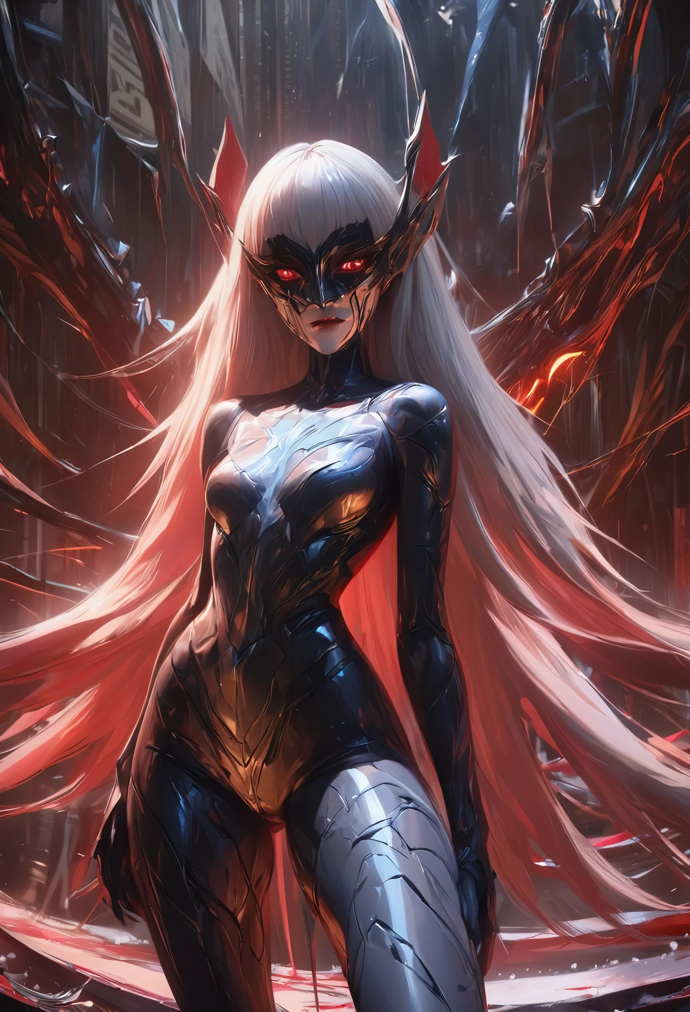 black,chiaroscuro, Ray tracing, movie lighting, cowboy shooting, 8K, Yes, Super details, precise, best quality, Award-winning, Award-winning, A High resolution, masterpiece, high detail,guweiz on artstation pixiv, Popular topics on artstation pixiv, 详细的number概念艺术, author:Yang Jie, 2. 5D CGI anime fantasy artwork,ultra high definition,8K ,Realistic skin texture,chiaroscuro, Ray tracing, movie lighting, 8K, Yes, Super details, precise, best quality, Award-winning, Award-winning, A High resolution, masterpiece, high detail,in the snow,Clear,masterpiece, best quality, 8K, number, 1 girl, alone, stand up, hair accessories, Red eyes, Heartless expression, Bloodstained mechanical parts, electric wire, cable, failure effect, scary, Science fiction, futuristic, The background is darker inside, neon lights, cyberpunk characters, surreal, Strange, Disturbing, spine-chilling, scary, western metal,Red eyes,发black,black色長手套,Rompers,leggings,Highlight her graceful figure,将整个身体包裹stand up,symbiont,((Raised sexy)),One-piece Pants,Red eyes,Venom Possession,发black,black色長手套,Rompers,black色一件,Blood-red eyes,best quality, High resolution, super detailed, Vivid texture, mask, Bangs,wear socks,tears,被black色粘液覆盖