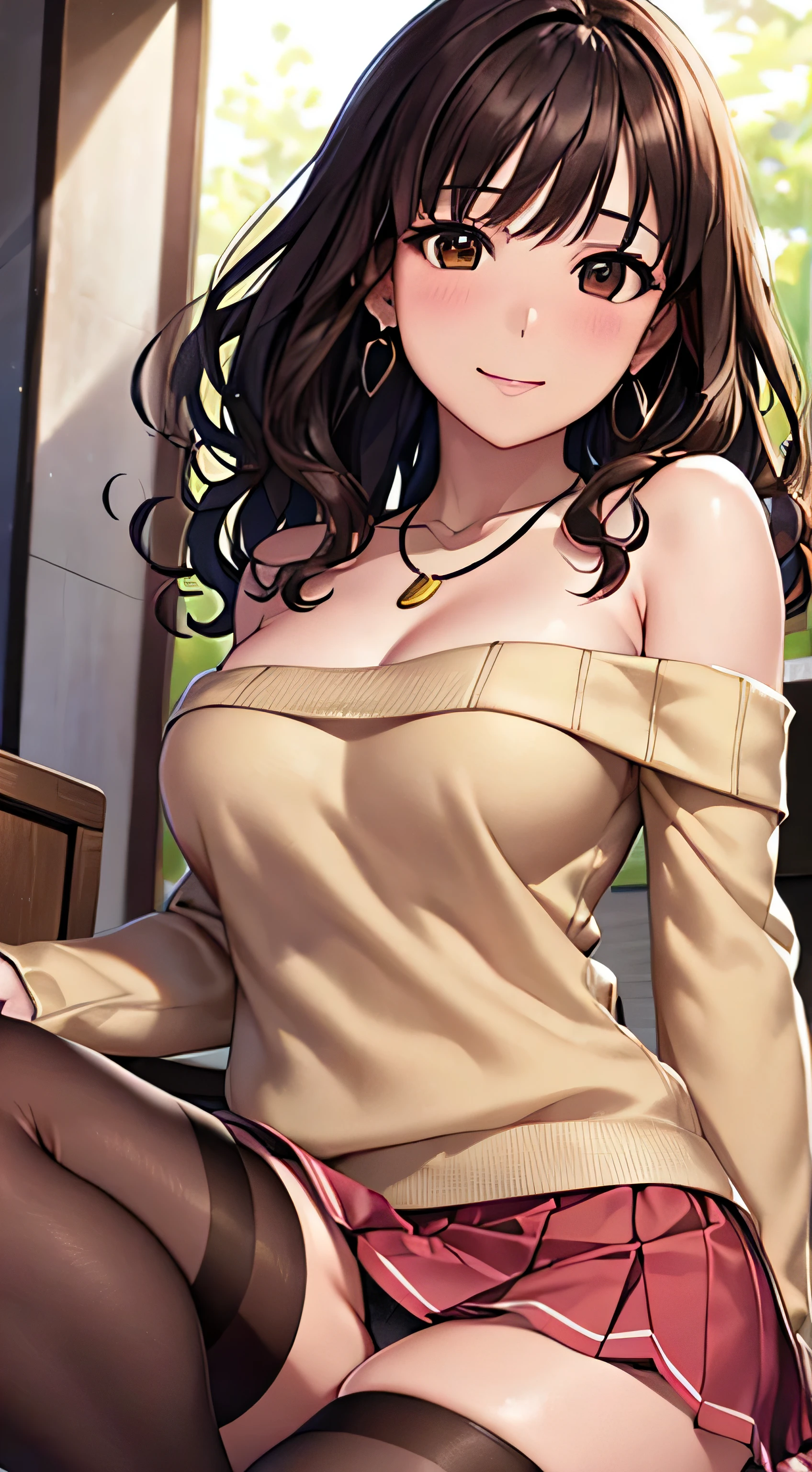 (table top, highest quality, High resolution, , perfect pixel, 4k,), 1 girl, single, alone, Beautiful woman、I could see the whole body、 ((wavy middle hair, bangs, brown hair)), ((brown eyes, beautiful eyelashes, realistic eyes)), ((detailed face, blush:1.2)), ((smooth texture:0.75, realistic texture:0.65, realistic:1.1, Anime CG style)), medium breasts, dynamic angle, perfect body, ((, female teacher, , earrings、necklace、beige off shoulder sweater、long pleated skirt、black knee high stockings、pink lace panties、shy smile)), upper grade、、、evening、、Bring your arms together to emphasize your chest、hold the necklace between your chest、(、()、angle from below)、