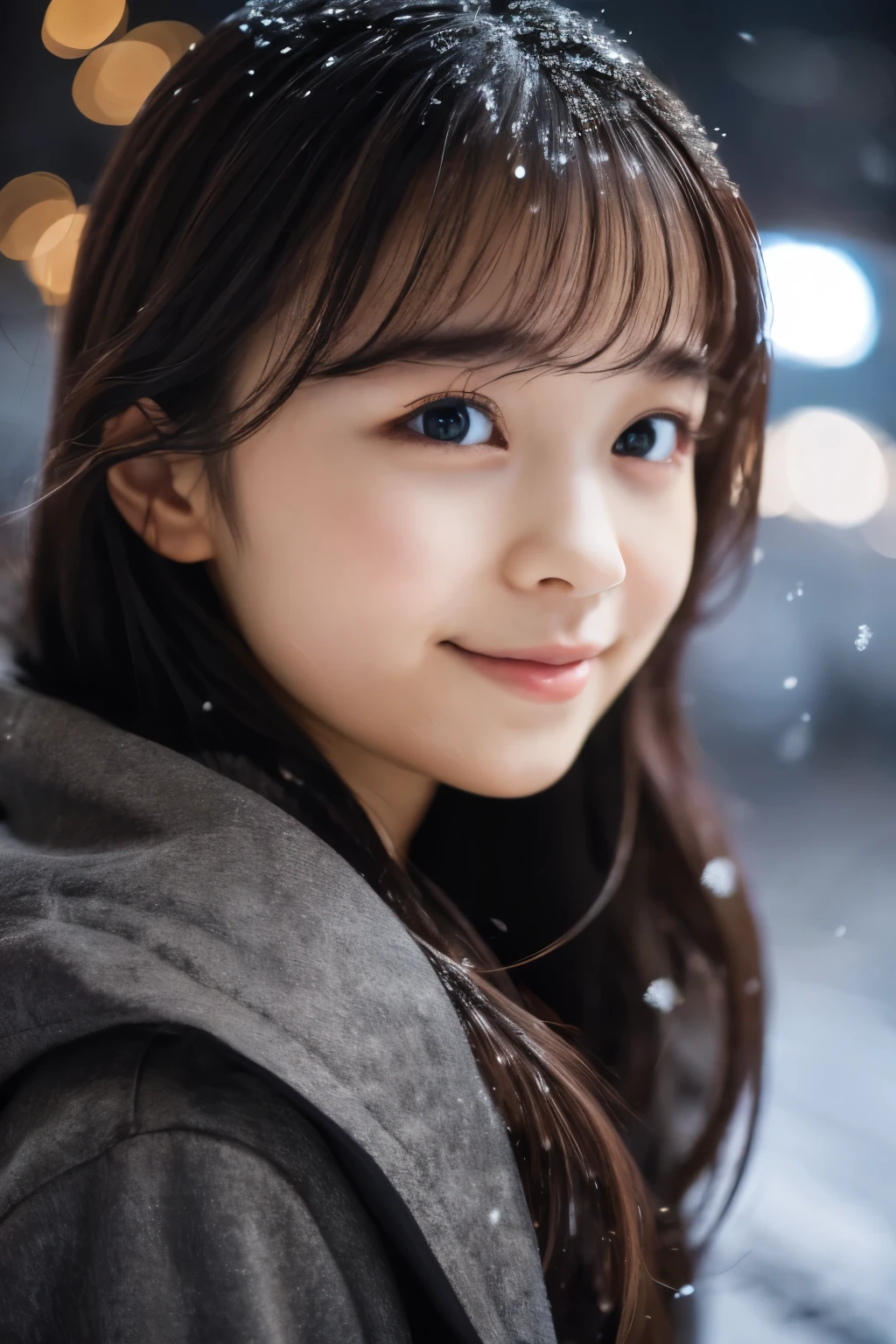 1 girl, (wear a coat:1.2), (Raw photo, highest quality), (realistic, Photoreal:1.4), table top, very delicate and beautiful, very detailed, 2k wallpaper, wonderful, finely, very detailed CG Unity 8K 壁紙, Super detailed, High resolution, soft light, beautiful detailed girl, very detailed目と顔, beautifully detailed nose, detailed and beautiful eyes, cinematic lighting, Illuminations coloring the city on a snowy night, snow scene, It&#39;s snowing, snow in my hair, perfect anatomy, tense air, straight long hair, looking at the viewer, slight smile, Hokkaido Serial Murder, Disappear in Okhotsk, tracking