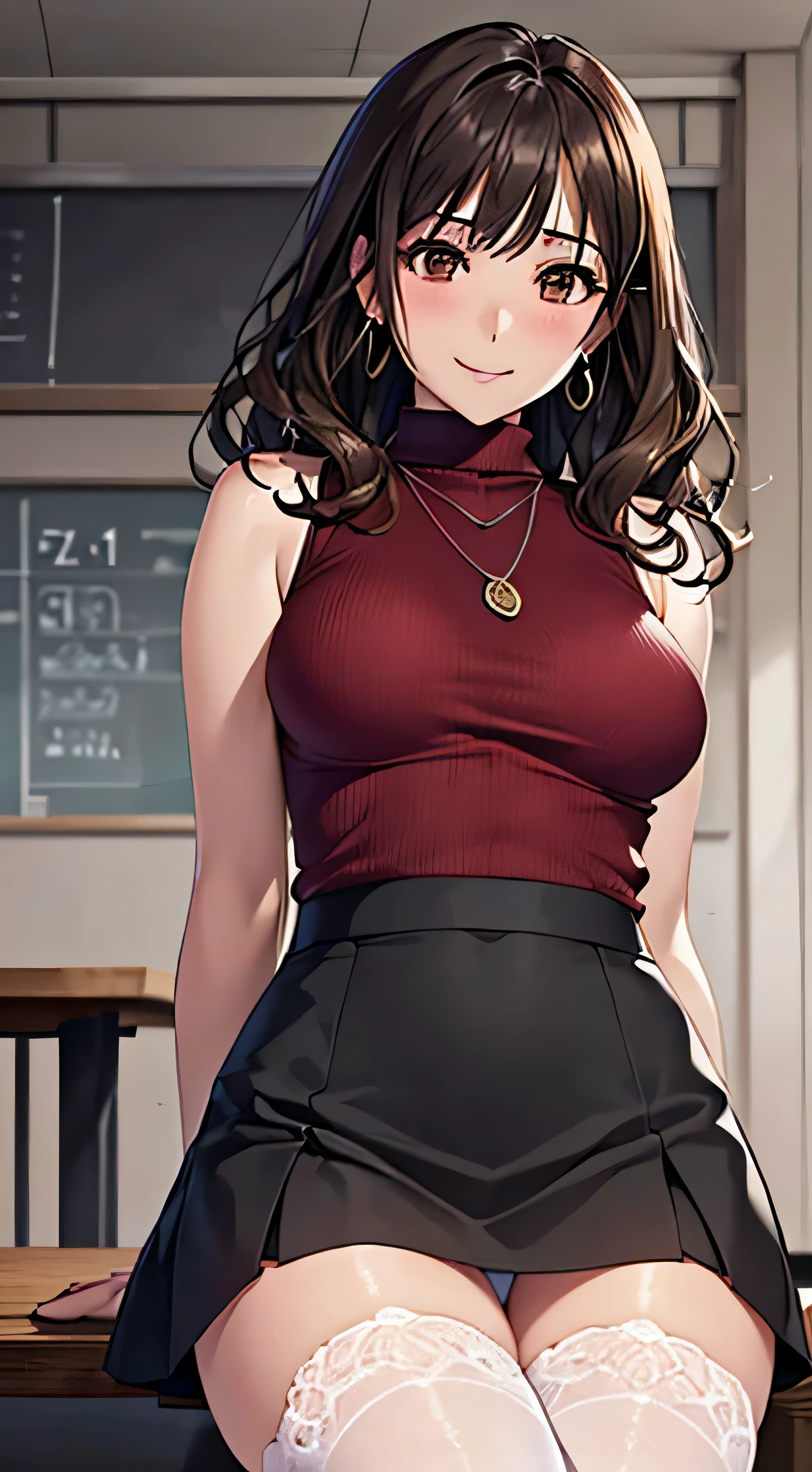 (table top, highest quality, High resolution, , perfect pixel, 4k,), 1 girl, single, alone, Beautiful woman、I could see the whole body、 ((wavy middle hair, bangs, brown hair)), ((brown eyes, beautiful eyelashes, realistic eyes)), ((detailed face, blush:1.2)), ((smooth texture:0.75, realistic texture:0.65, realistic:1.1, Anime CG style)), medium breasts, dynamic angle, perfect body, ((, female teacher, , earrings、necklace、sleeveless turtleneck sweater、Tight Skirt、black knee high stockings、show white lace panties、shy smile)), upper grade、、、evening、、Bring your arms together to emphasize your chest、hold the necklace between your chest、(、()、angle from below)、