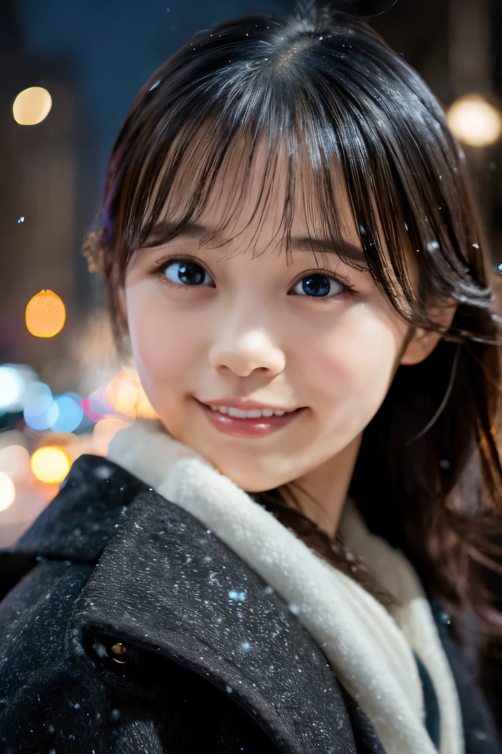 1 girl, (wear a coat:1.2), (Raw photo, highest quality), (realistic, Photoreal:1.4), table top, very delicate and beautiful, very detailed, 2k wallpaper, wonderful, finely, very detailed CG Unity 8K 壁紙, Super detailed, High resolution, soft light, beautiful detailed girl, very detailed目と顔, beautifully detailed nose, detailed and beautiful eyes, cinematic lighting, Illuminations coloring the city on a snowy night, snow scene, It&#39;s snowing, snow in my hair, perfect anatomy, tense air, straight long hair, looking at the viewer, slight smile, Hokkaido Serial Murder, Disappear in Okhotsk, tracking