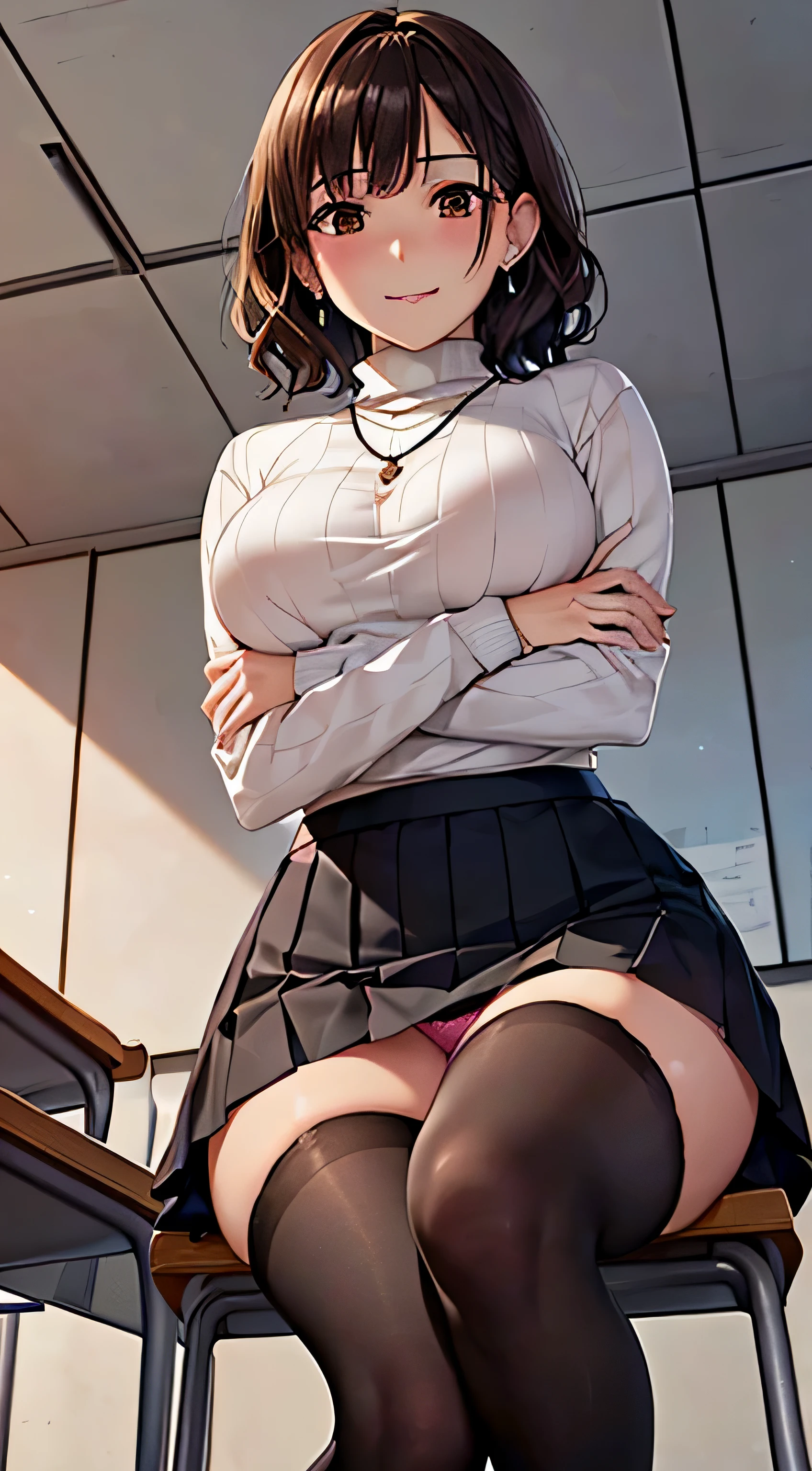 (table top, highest quality, High resolution, , perfect pixel, 4k,), 1 girl, single, alone, Beautiful woman、I could see the whole body、 ((wavy short hair, bangs, brown hair)), ((brown eyes, beautiful eyelashes, realistic eyes)), ((detailed face, blush:1.2)), ((smooth texture:0.75, realistic texture:0.65, realistic:1.1, Anime CG style)), medium breasts, dynamic angle, perfect body, ((, female teacher, , earrings、necklace、turtleneck sweater、black flared skirt、black knee high stockings、open both legs wide、、shy smile、sit at a desk in the classroom、)), Upper grade、、、evening、、(Pink lace panties are visible、、(Bring your chest and arms together、Lift up your skirt and show your panties、The wind blows up my skirt)、angle from below)、