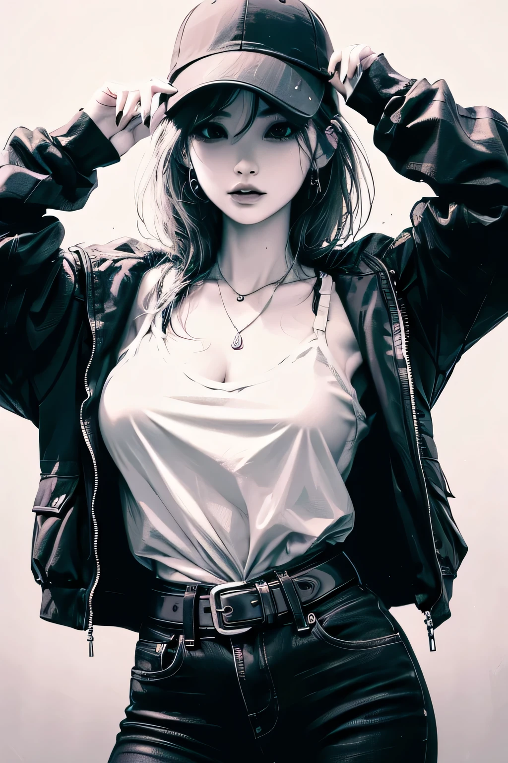 Arafed woman in a leather jacket and hat posing for a picture - SeaArt AI