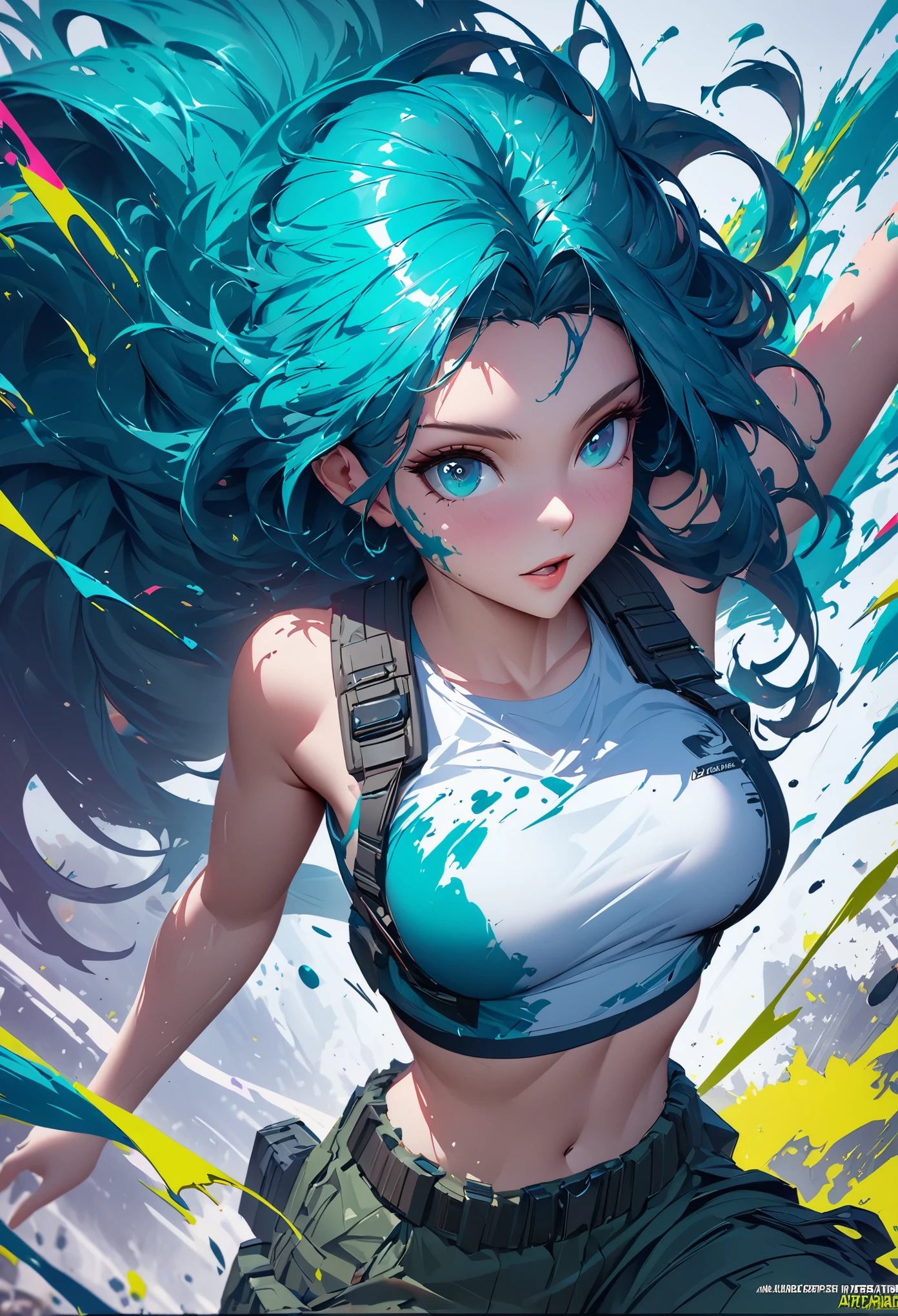 samdoesarts style award winning half body portrait of a beautiful woman in a croptop and cargo pants with ombre navy blue teal hairstyle with head in motion and hair flying, paint splashes, splatter, outrun, vaporware, shaded flat illustration, digital art, trending on artstation, highly detailed, fine detail, intricate