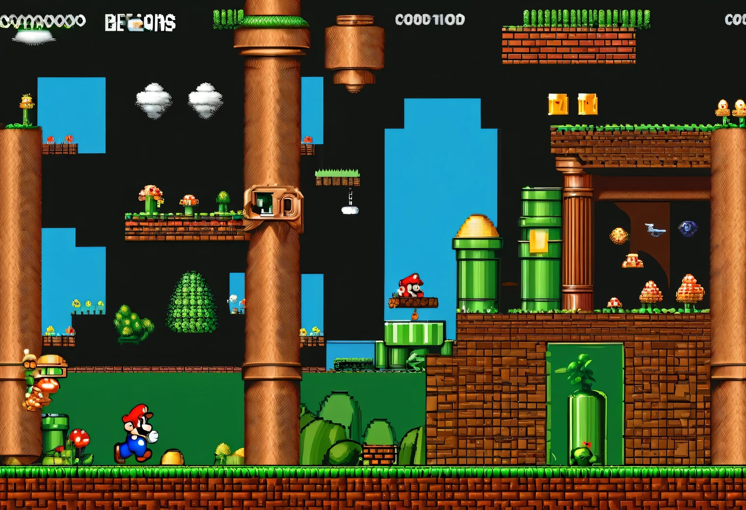 game scene from the retro game Super Mario Bros., 8 bit, 8 bit color palette, Nintendo Entertainment System, retro textures, original gameplay, full compliance with the original Super Mario Bros. game, 2D, high detail, clear game textures, clear detail image, full compliance with the original game, the game character is shown in detail, complex elaboration of the elements