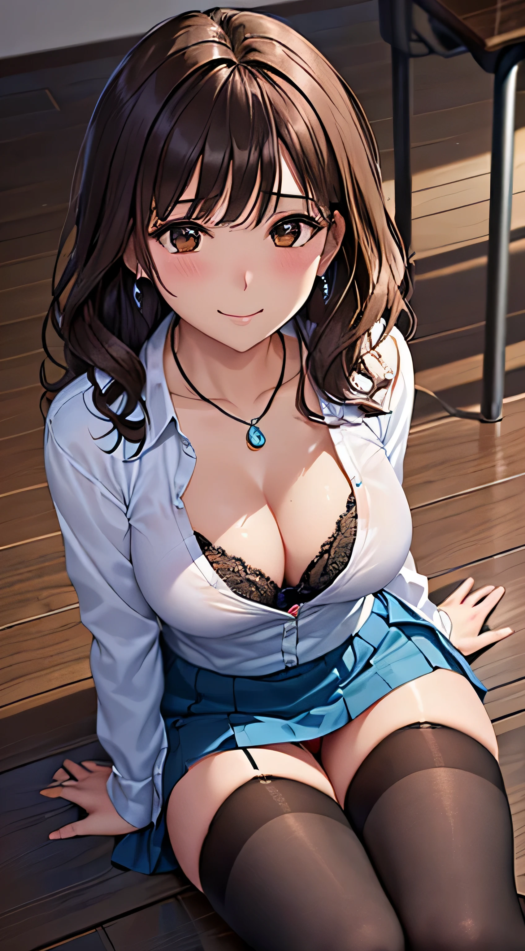 (table top, highest quality, High resolution, , perfect pixel, 4k,), 1 girl, single, alone, Beautiful woman、I could see the whole body、 ((wavy mid hair, bangs, brown hair)), ((brown eyes, beautiful eyelashes, realistic eyes)), ((detailed face, blush:1.2)), ((smooth texture:0.75, realistic texture:0.65, realistic:1.1, Anime CG style)), medium breasts, dynamic angle, perfect body, ((, female teacher, , earrings、necklace、white shirt with collar、Shirts without buttons、Dark blue flared skirt、black knee high stockings、open both legs wide、、shy smile、Sit on the floor、leaning forward)), Upper 、、、evening、、You can see her light blue and yellow lace panties and bra..、、(Bring your chest and arms together、Lift up your skirt and show your panties、The wind blows up my skirt)、angle from below)、