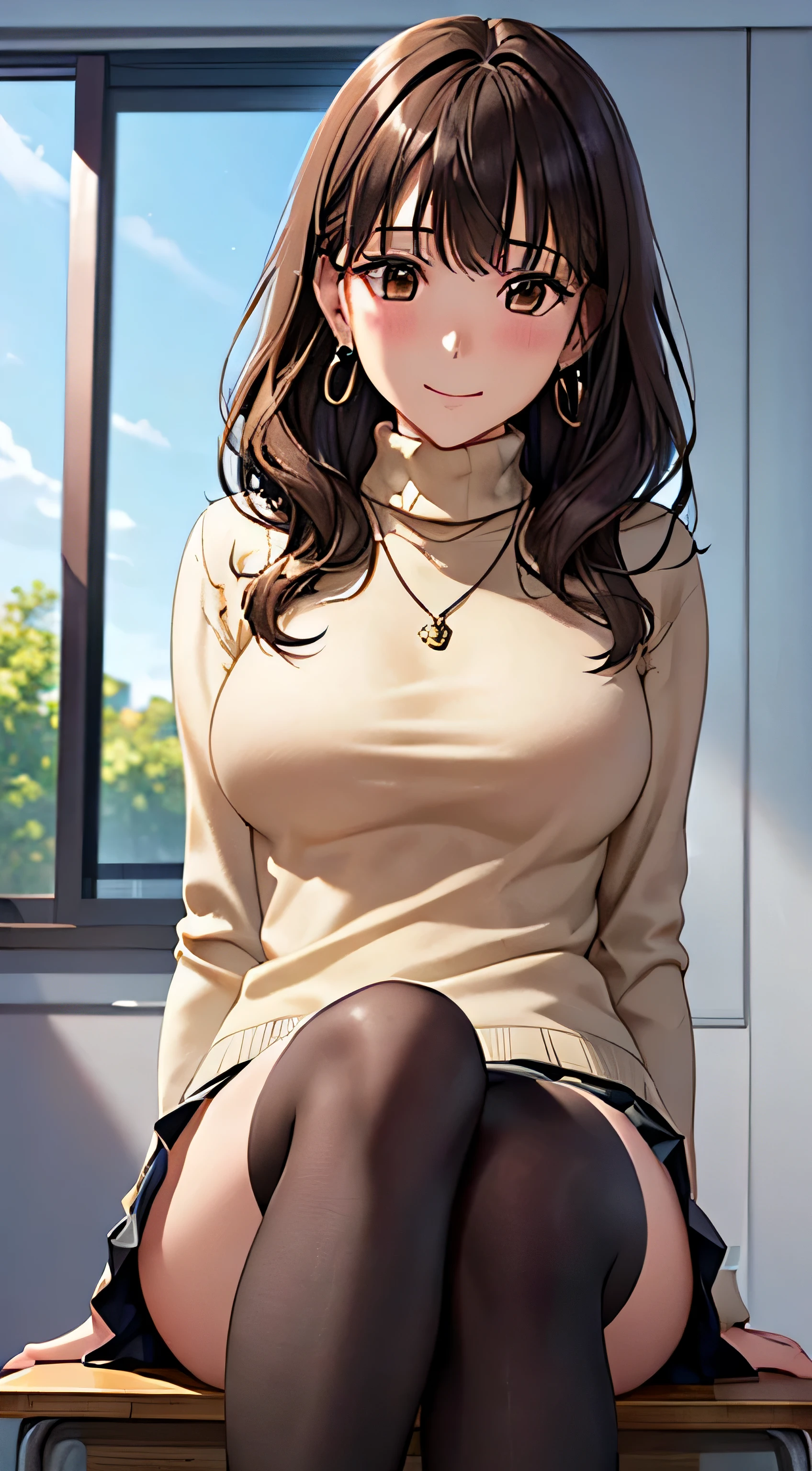 (table top, highest quality, High resolution, , perfect pixel, 4k,), 1 girl, single, alone, Beautiful woman、I could see the whole body、 ((wavy mid-length hair, bangs, brown hair)), ((brown eyes, beautiful eyelashes, realistic eyes)), ((detailed face, blush:1.2)), ((smooth texture:0.75, realistic texture:0.65, realistic:1.1, Anime CG style)), medium breasts, dynamic angle, perfect body, ((, female teacher, , earrings、necklace、turtleneck sweater、、black knee high stockings、pleated skirt、((open both legs wide))、、shy smile、sit at the podium in the classroom、emphasize the chest)), Upper grade、、、evening、、(You can see the light blue lace panties、、(、)、angle from below)、