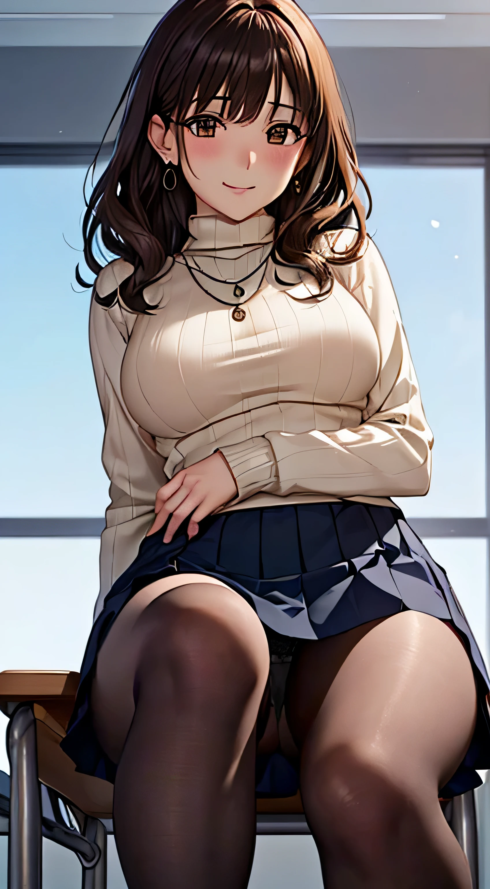 (table top, highest quality, High resolution, , perfect pixel, 4k,), 1 girl, single, alone, Beautiful woman、I could see the whole body、 ((wavy mid-length hair, bangs, brown hair)), ((brown eyes, beautiful eyelashes, realistic eyes)), ((detailed face, blush:1.2)), ((smooth texture:0.75, realistic texture:0.65, realistic:1.1, Anime CG style)), medium breasts, dynamic angle, perfect body, ((, female teacher, , earrings、necklace、turtleneck sweater、、black knee high stockings、pleated skirt、((open both legs wide))、、shy smile、sit at the podium in the classroom、emphasize the chest)), Upper grade、、、evening、、(You can see the blue and black lace panties、、(、)、angle from below)、