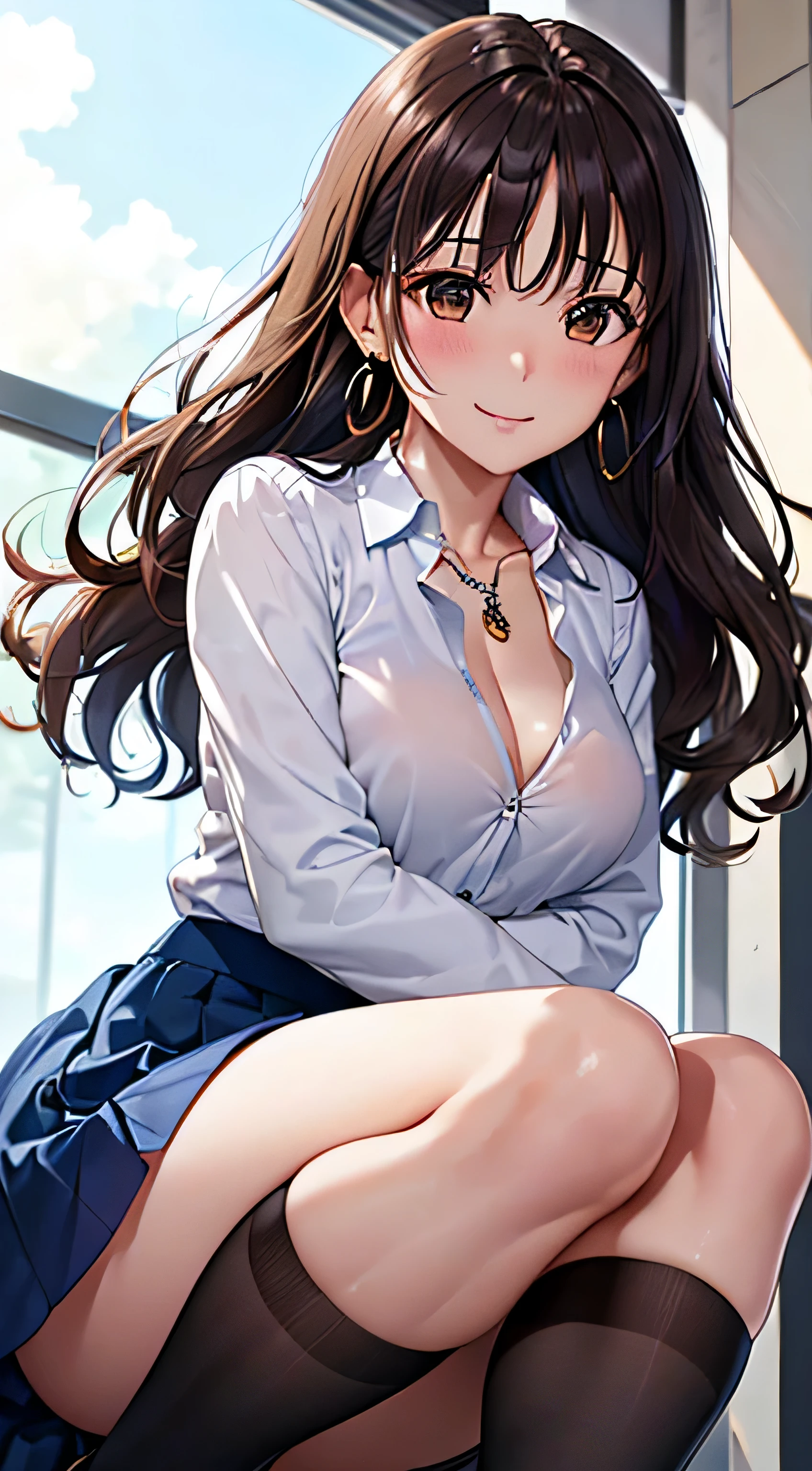 (table top, highest quality, High resolution, , perfect pixel, 4k,), 1 girl, single, alone, Beautiful woman、I could see the whole body、 ((wavy mid hair, bangs, brown hair)), ((brown eyes, beautiful eyelashes, realistic eyes)), ((detailed face, blush:1.2)), ((smooth texture:0.75, realistic texture:0.65, realistic:1.1, Anime CG style)), medium breasts, dynamic angle, perfect body, ((, female teacher, , earrings、necklace、white shirt with collar、Shirts without buttons、Dark blue flared skirt、black knee high stockings、open both legs wide、、shy smile、Sit on the floor、leaning forward)), Upper 、、、evening、、You can see her light blue and yellow lace panties and bra..、、(Bring your chest and arms together、Lift up your skirt and show your panties、The wind blows up my skirt)、angle from below)、
