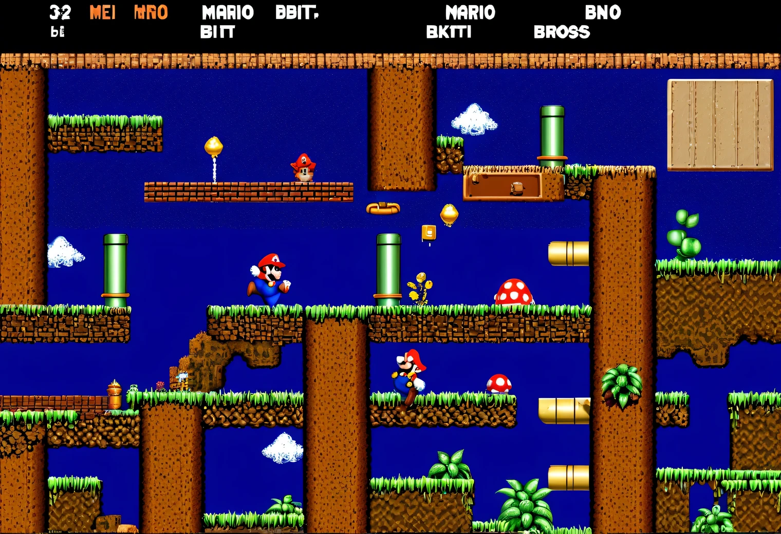 game scene from the retro game Super Mario Bros., 8 bit, 8 bit color palette, Nintendo Entertainment System, retro textures, original gameplay, full compliance with the original Super Mario Bros. game, 2D, high detail, clear game textures, clear detail image, full compliance with the original game, the game character is shown in detail, complex elaboration of the elements