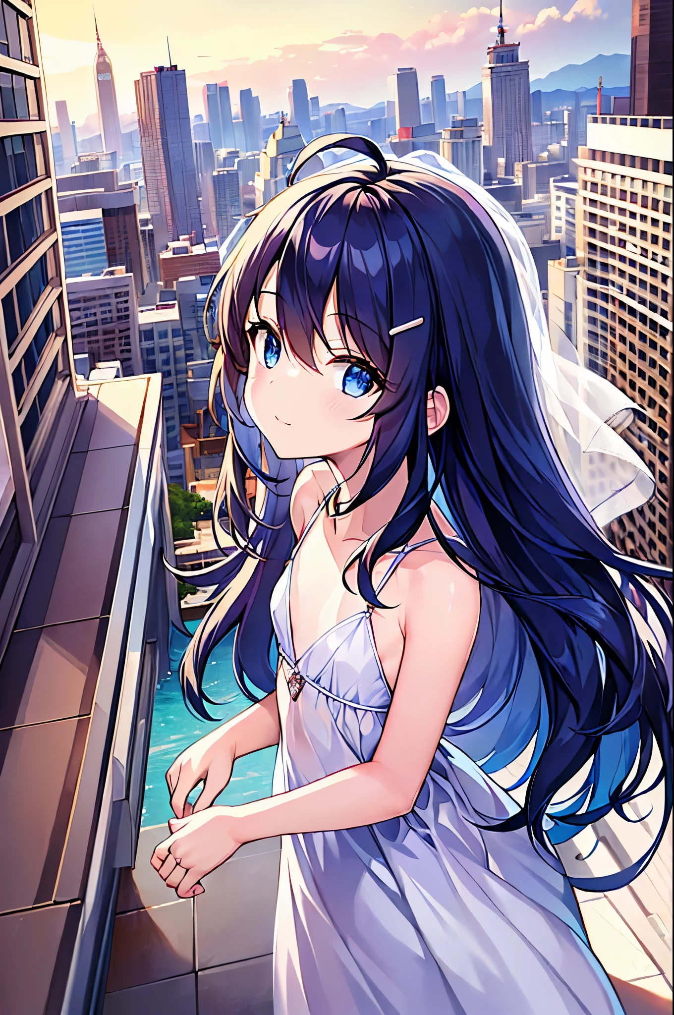 (((masterpiece))), (high quality:1.5), (beautiful:1.5), (((8K))), (High resolution:1.5), (High resolution:1.5), (1 girl:1.3), (child:1.5), (change:1.5), (dark blue straight long hair:1.3), (very long dark blue sideburns), (dark blue bangs with very large parting:1.3), (simple hair clip:1.4), (Ahoge:1.4), (small blue eyes:1.2), (slightly droopy eyes:1.3), (Super thick sideburns and super long sideburns:1.1), (Ultra-flat chest:1.4), (extremely small breasts:1.4), laughter, (pure white wedding dress:1.4), (stand on the roof of a building:1.4),  (cowboy shot:1.2), (From above:1.3), (distant cityscape:1.3)