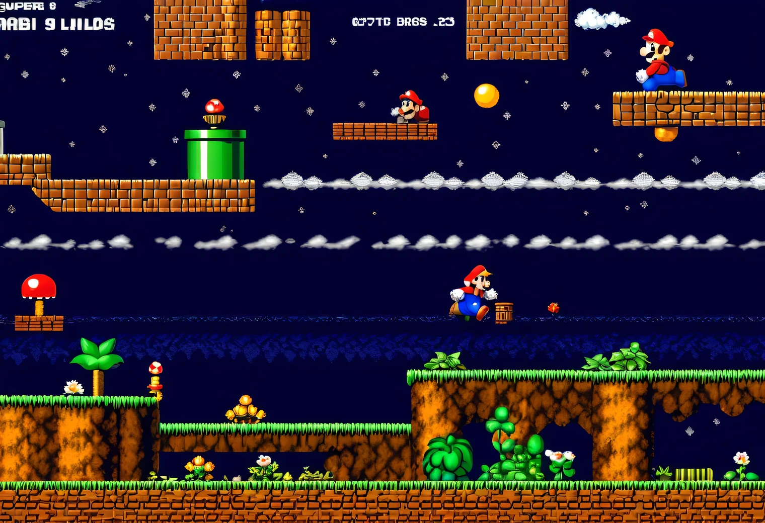 game scene from the retro game Super Mario Bros., 8 bit, 8 bit color palette, Nintendo Entertainment System, retro textures, original gameplay, full compliance with the original Super Mario Bros. game, 2D, high detail, clear game textures, clear detail image, full compliance with the original game, the game character is shown in detail, complex elaboration of the elements