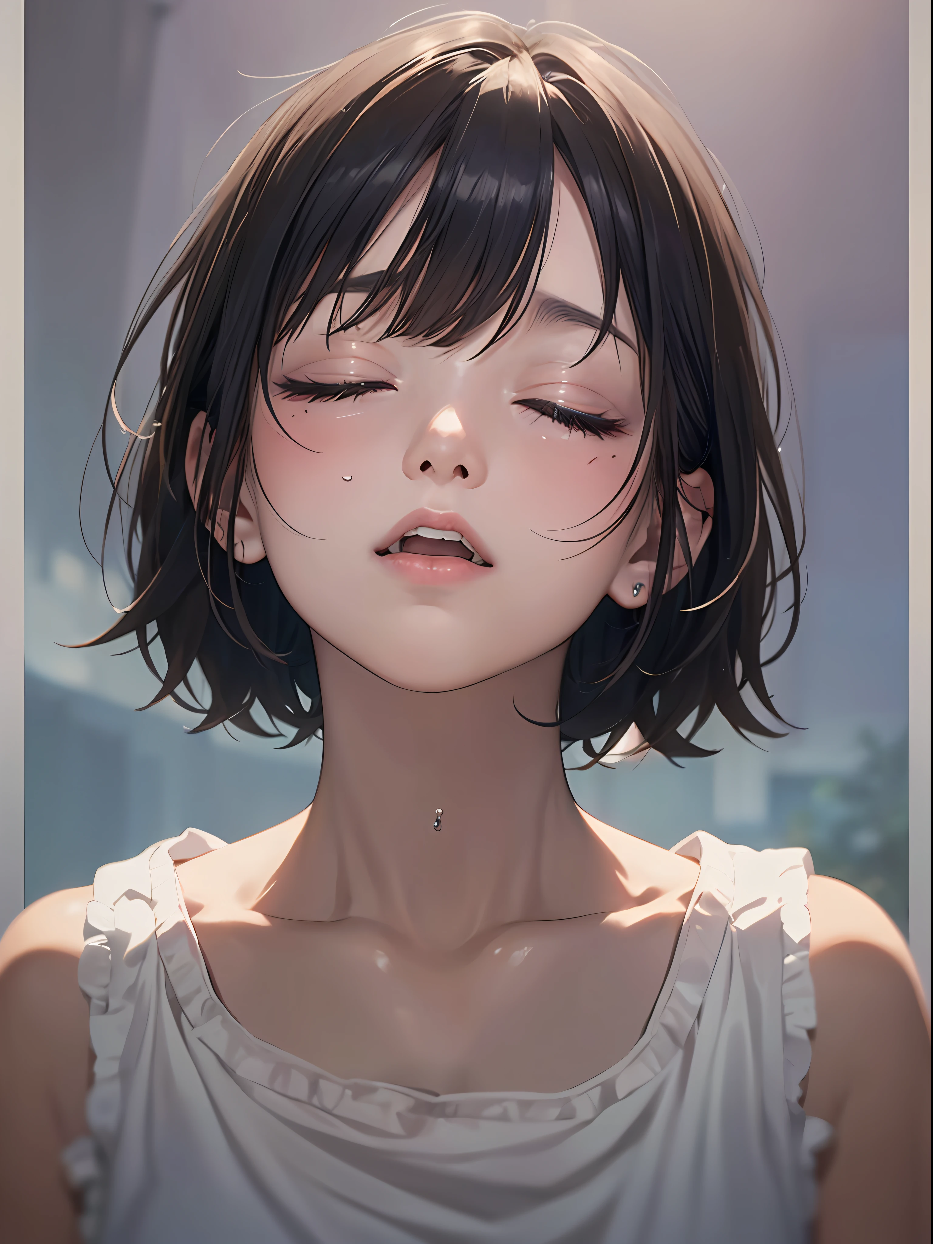 8K、Photo brute、(piece of masseter)1.5、(superior quality)1.5、high resolution、Look at,(FEMMES)、(Realistic、PhotoRealistic:1.5), (Eye closed):1.0, (Bouche ouverte):1.5 Real numbers、haut du corps、（cuisses cuisses cuisses cuisses）、Bob moyen noir,Sans mancheaigre、eyes closed、Tristesse profonde、Chagrin、regarder le ciel、crier、Chambres、Plans larges、