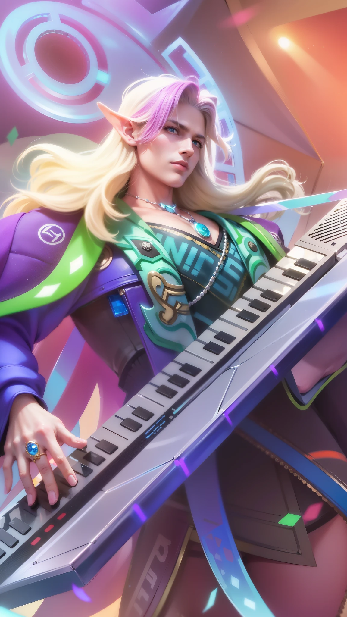 masculine male, masterpiece, ((perfect eyes)) best quality, (semirealism:1.9), beautiful lighting, (extremely detailed CG unity 4k fhd wallpaper), High Detail, Sharp focus, dramatic outdoors, 1 male, white and pink hair, light blue eyes, a close up of a male playing a keyboard on a stage, elf ear
