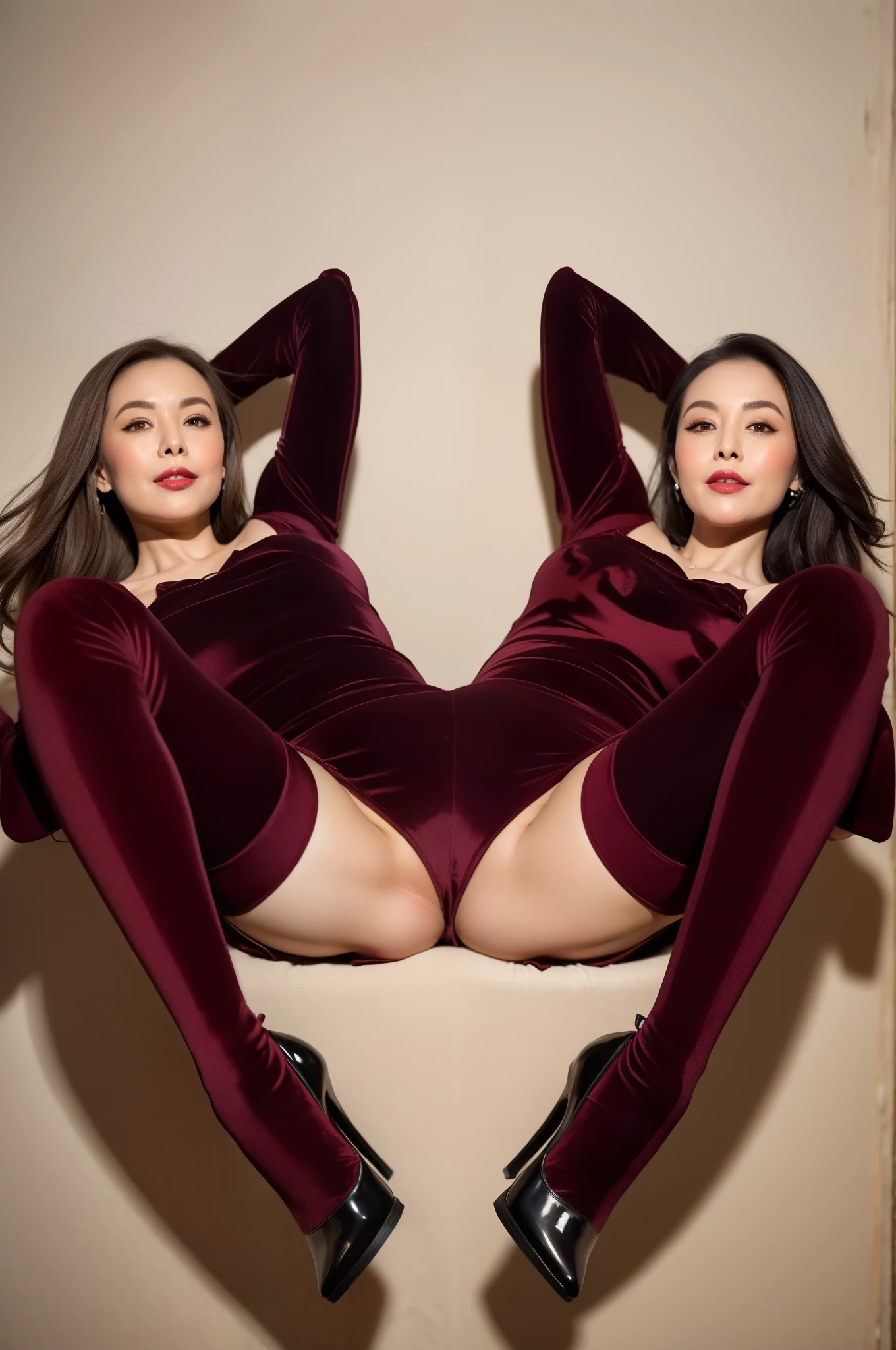 (brown gorgeous wavy hair),(heavy makeup、red lip),( 45 years old、Japanese):1.2、8K, charming smile, ((huge breasts:1.2)) , expensive:1.4、small face、Nikon Z 85mm, ((highest quality)) ,((masterpiece)), intricate details, Professional, realistic、 ((velvet,No sleeve,Sexy Super Mini Dresses)):1.2、(stand on the roof of a skyscraper):1.2, big earrings、(Long magenta boots with high stiletto heels、pointed toe):1.2、full body shot:1.2、NSFW:1.0,pubic hair