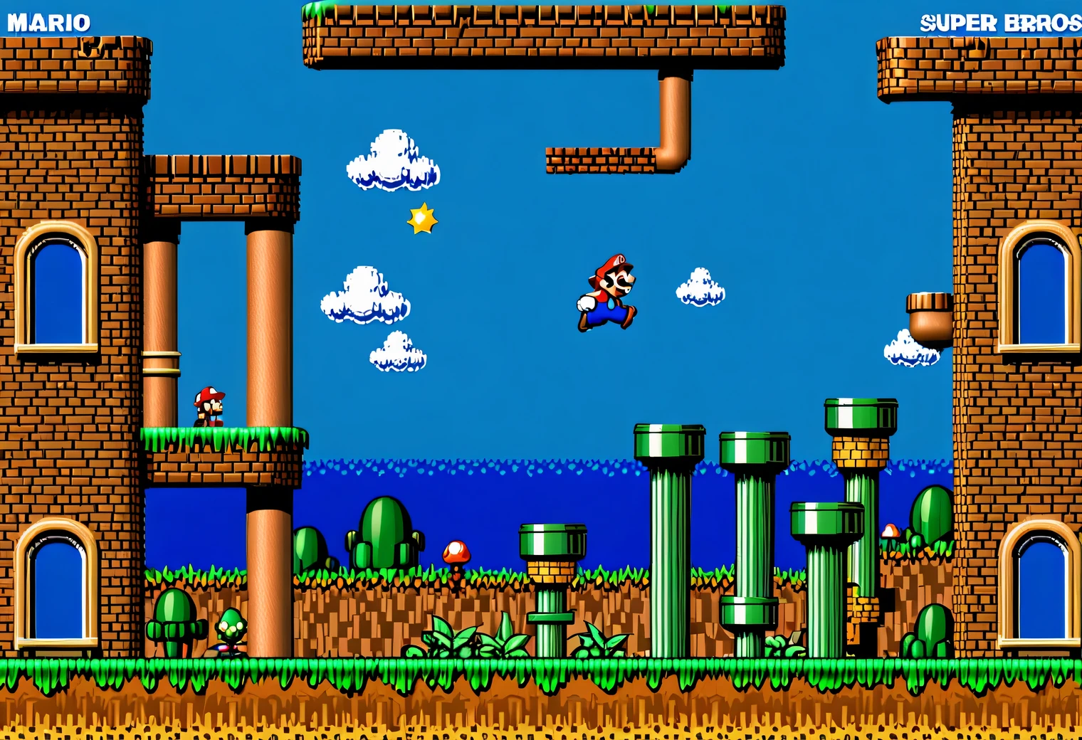 game scene from the retro game Super Mario Bros., 8 bit, 8 bit color palette, Nintendo Entertainment System, retro textures, original gameplay, full compliance with the original Super Mario Bros. game, 2D, high detail, clear game textures, clear detail image, full compliance with the original game, the game character is shown in detail, complex elaboration of the elements