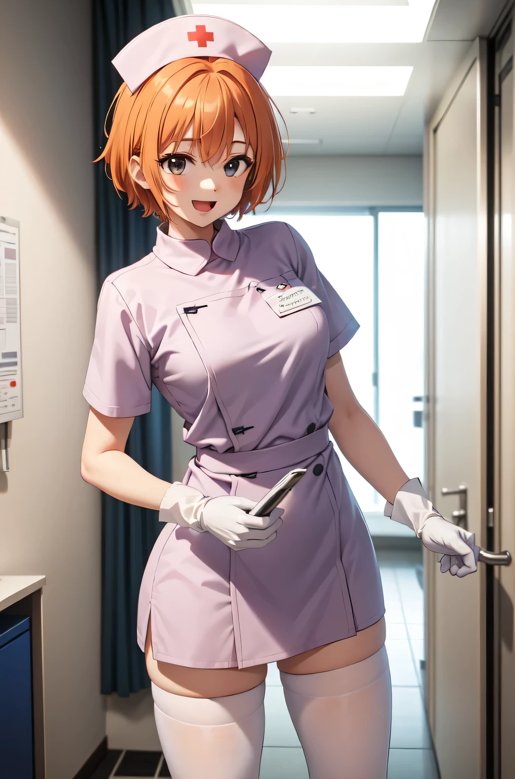 1girl, solo, nurse, nurse cap, white nurse uniform, ((white legwear, zettai ryouiki)), white gloves, very short hair, orange hair, smile, open mouth, standing, ((hospital room)), sharp outline, short sleeves, tomboy, boyish, best quality, masterpiece