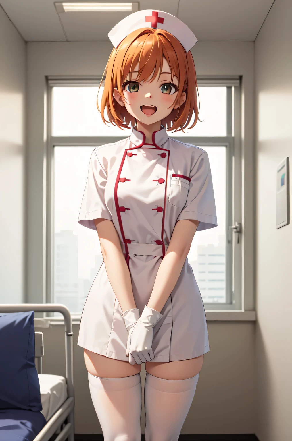1girl, solo, nurse, nurse cap, white nurse uniform, ((white legwear, zettai ryouiki)), white gloves, very short hair, orange hair, smile, open mouth, standing, ((hospital room)), sharp outline, short sleeves, tomboy, boyish, best quality, masterpiece